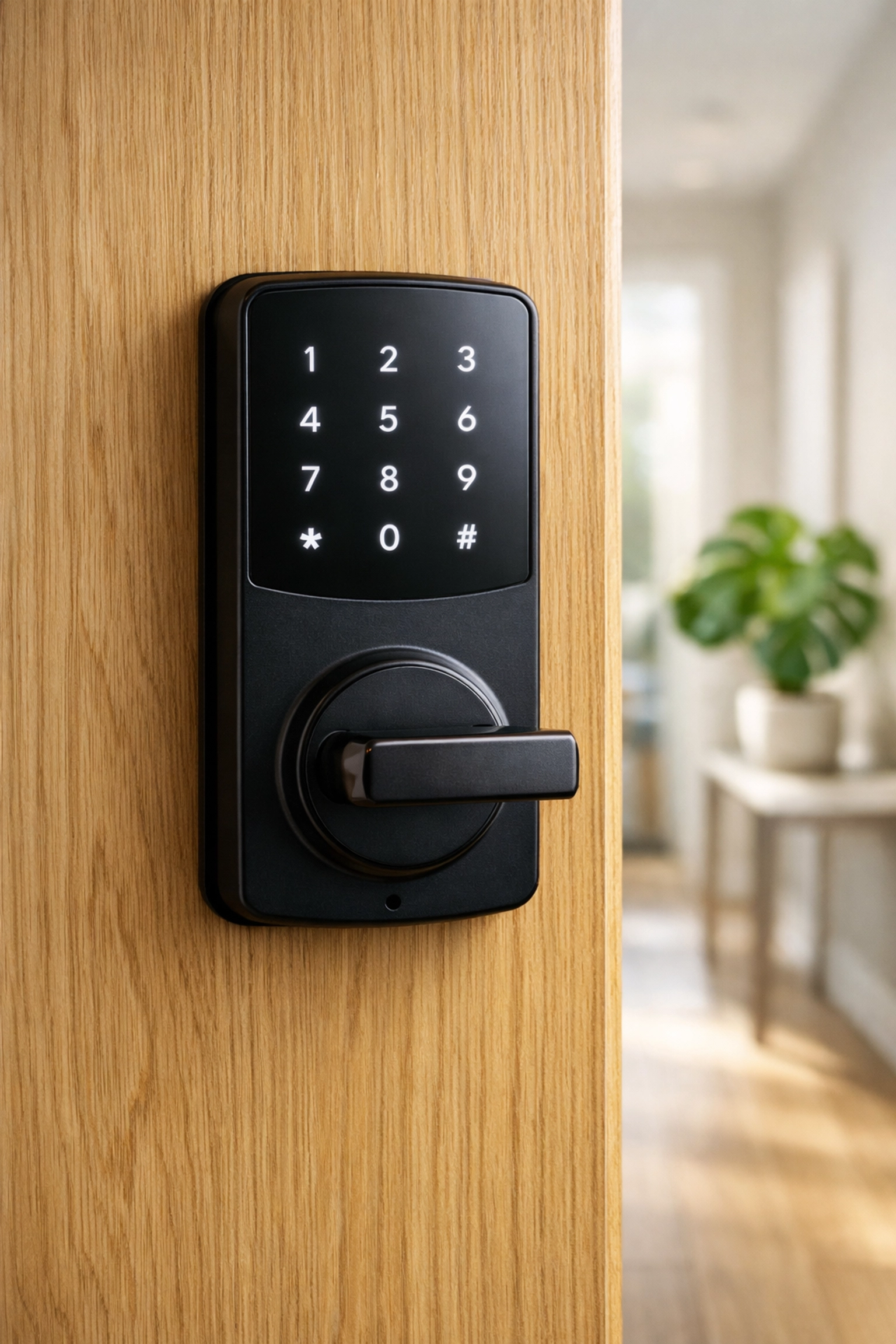 Sleek digital lock on a private bedroom door in a modern Charlotte townhome, offering secure co-living for professionals.