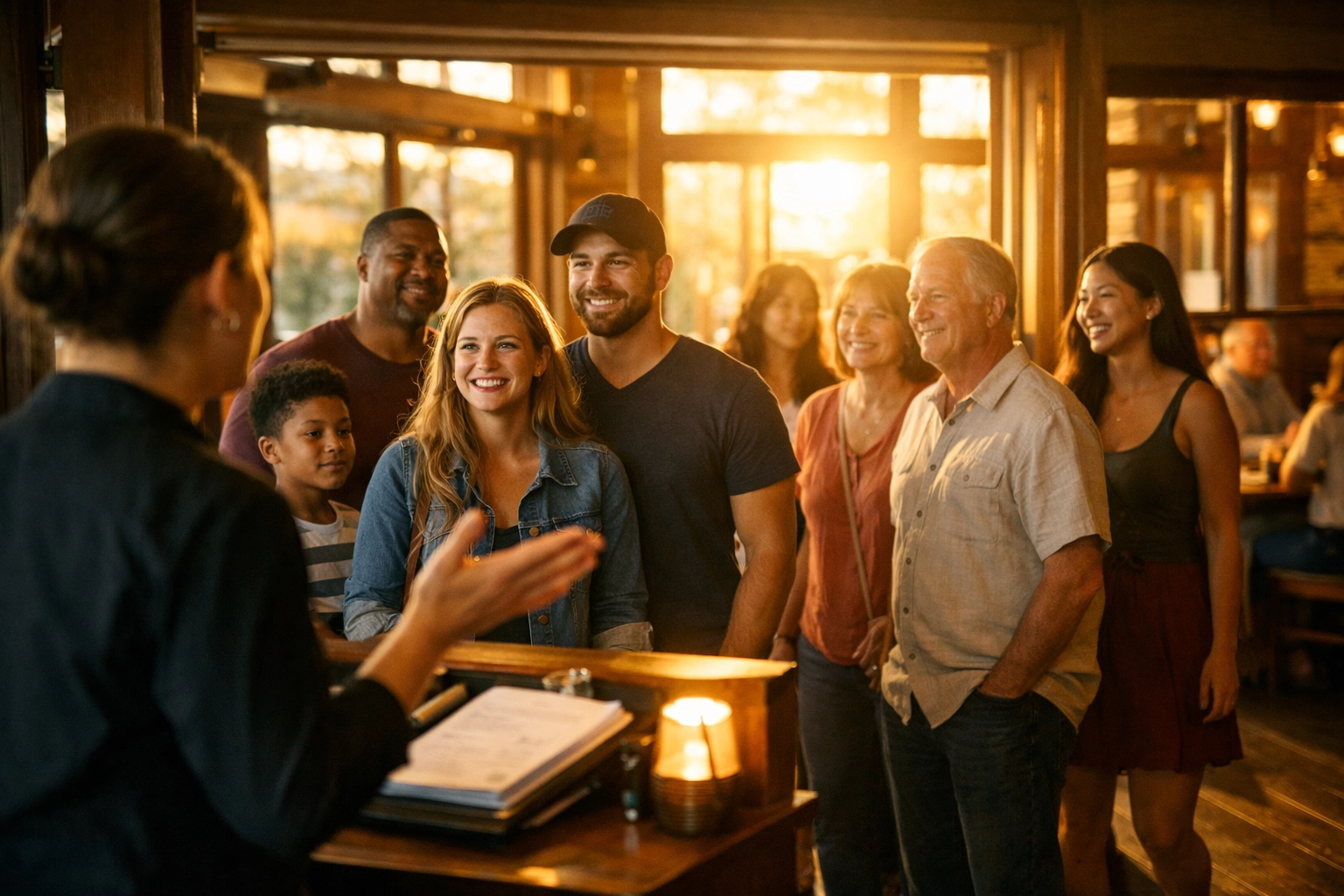 Walk-in diners gathering at Bar Panisse host stand during evening service in Berkeley