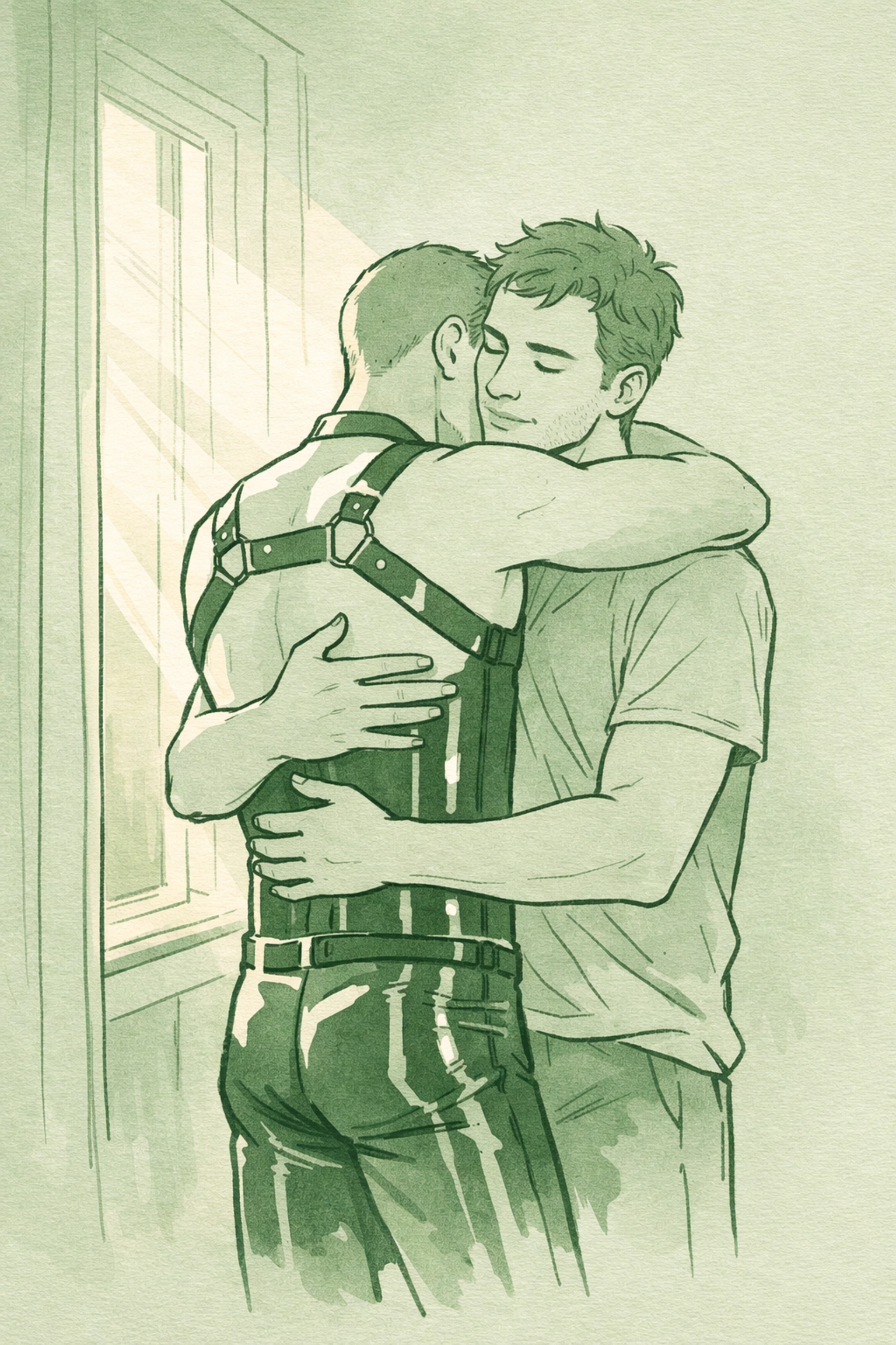 Two men embrace at sunrise after transformative night, one in vinyl, showing confidence and gay connection