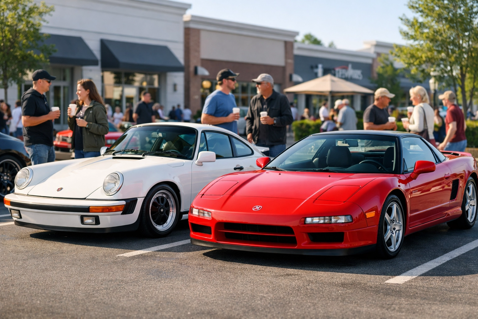 Modern and vintage collector cars at a local Cars and Coffee event in a Connecticut shopping plaza.