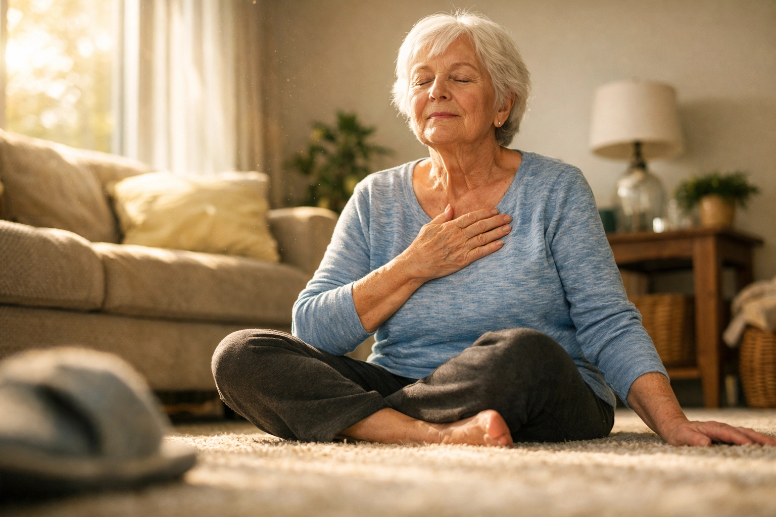 Senior woman sitting calmly on floor taking deep breaths after a fall