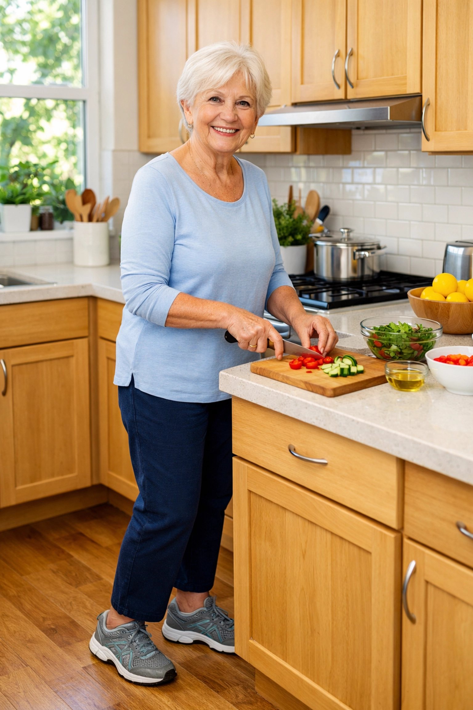 Senior woman standing independently in kitchen preparing food demonstrating confident balance at home