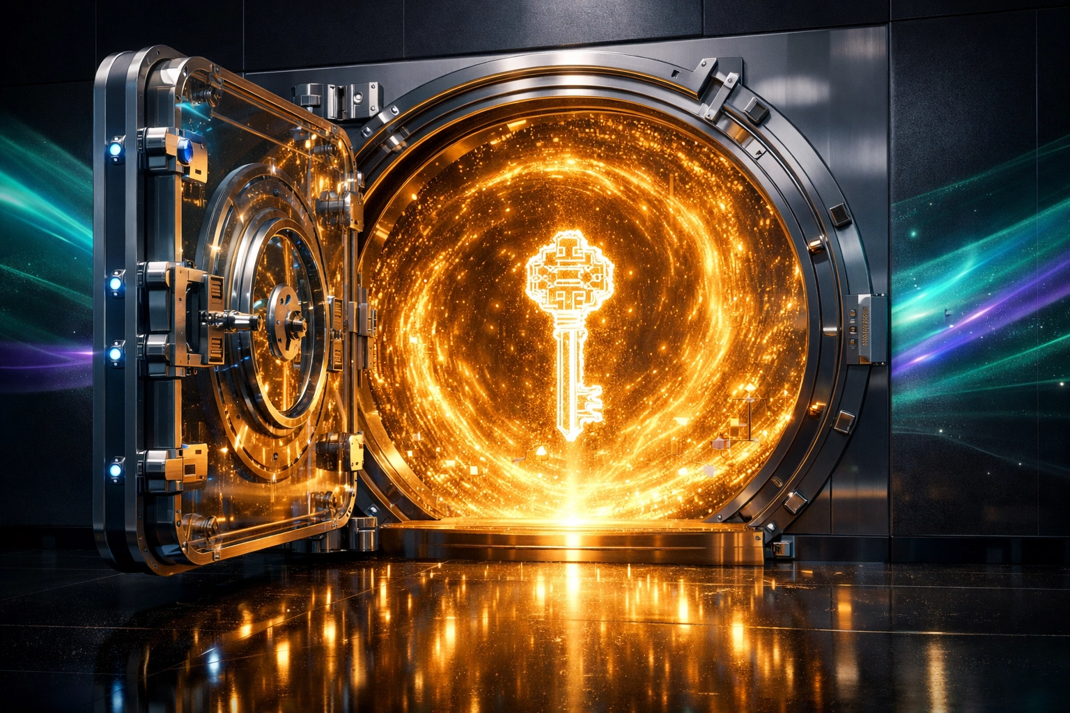Secure digital vault with a glowing private key representing Larecoin self-custody for Web3 merchant payments.
