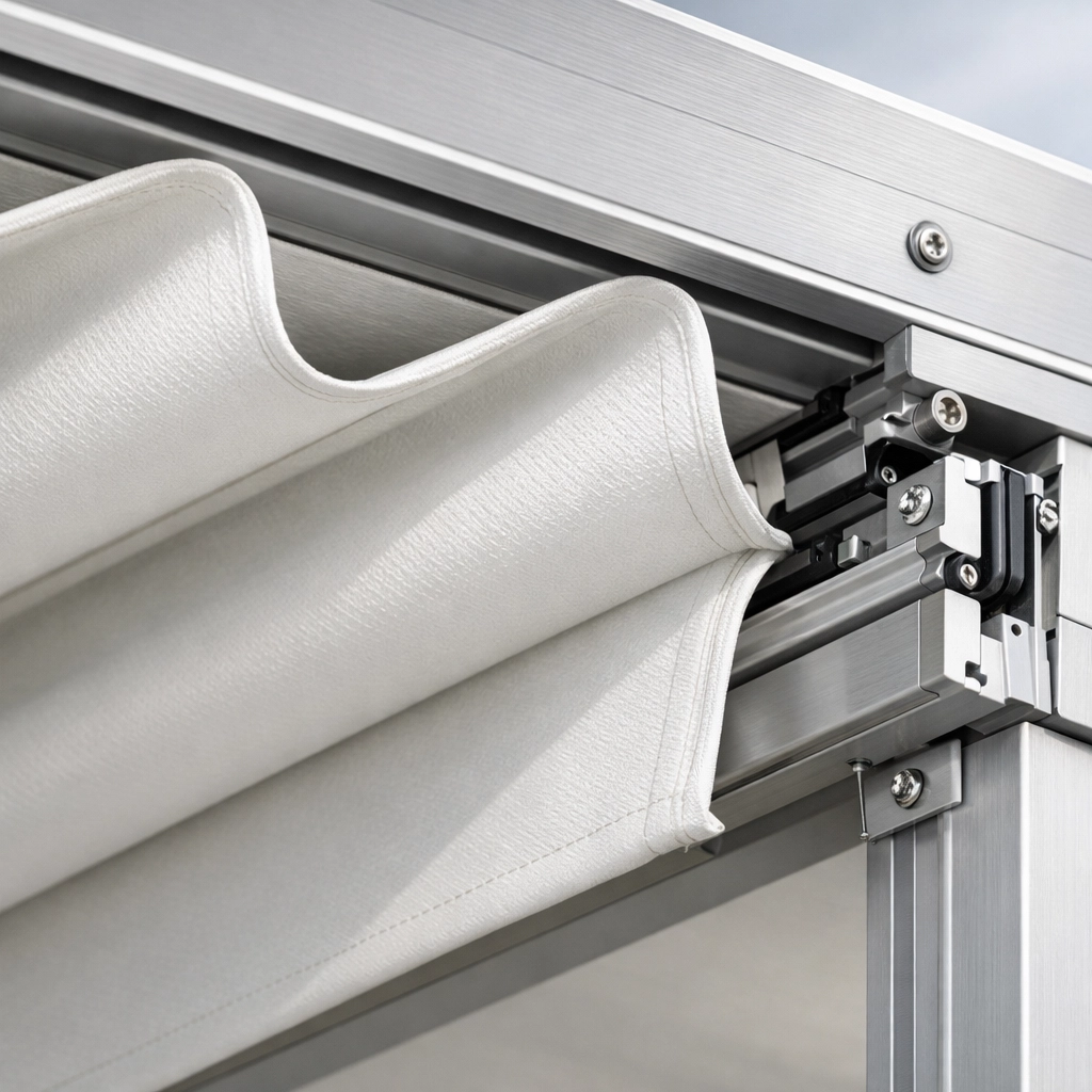 Detailansicht eines wasserfesten Faltdachs für die Terrasse mit Schienenführung aus Aluminium.
