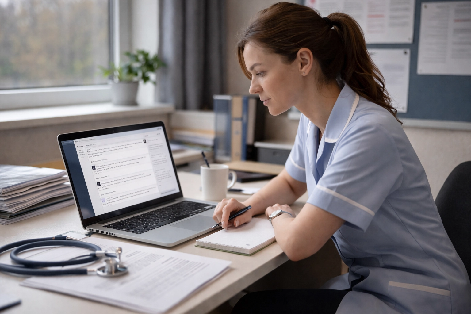 Respiratory nurse connecting with healthcare network online at NHS office desk