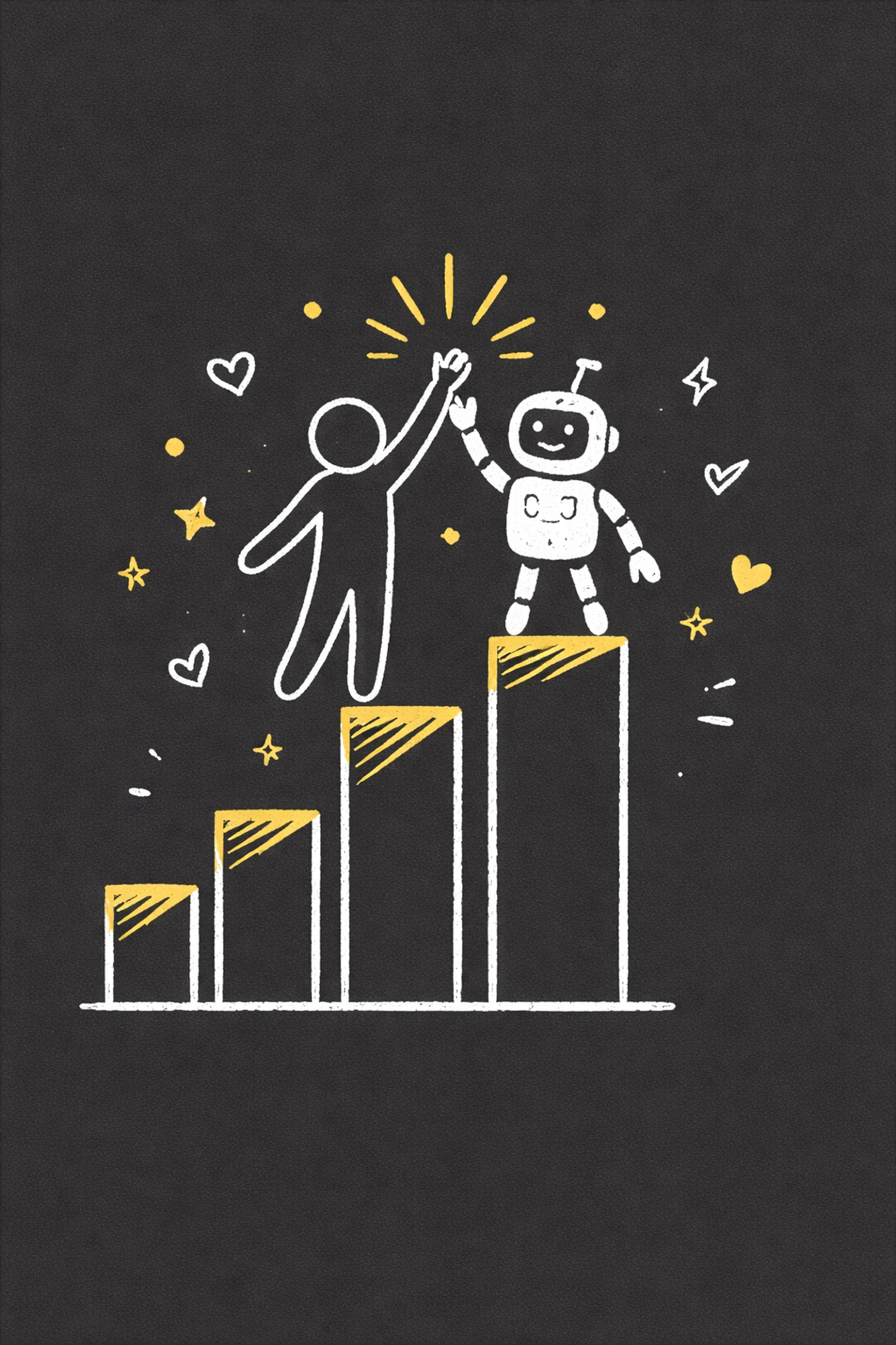 Playful drawing of a human and robot high-fiving on a bar graph, representing AI and human success in marketing