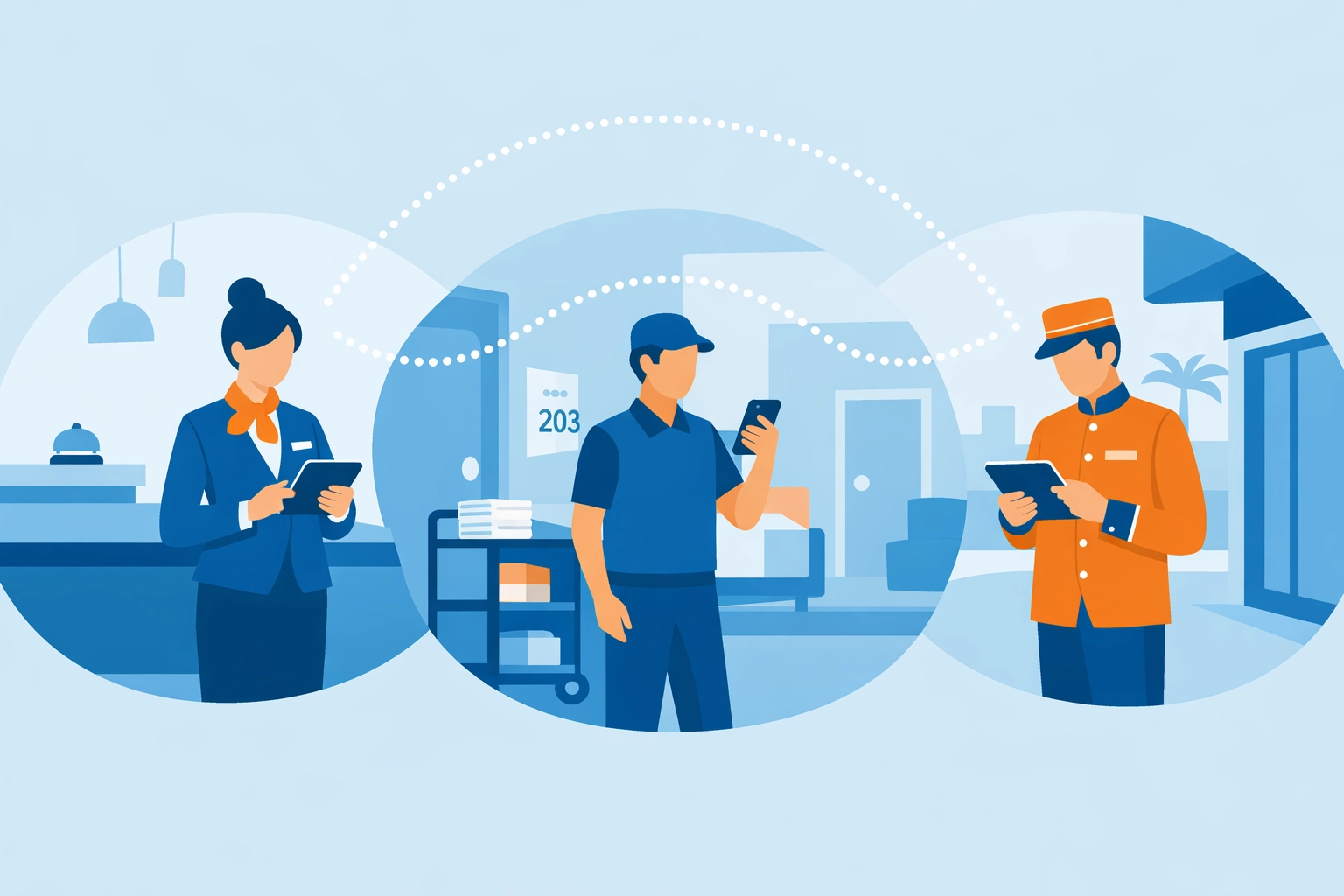 Hotel staff using mobile hotel PMS for real-time communication and operations