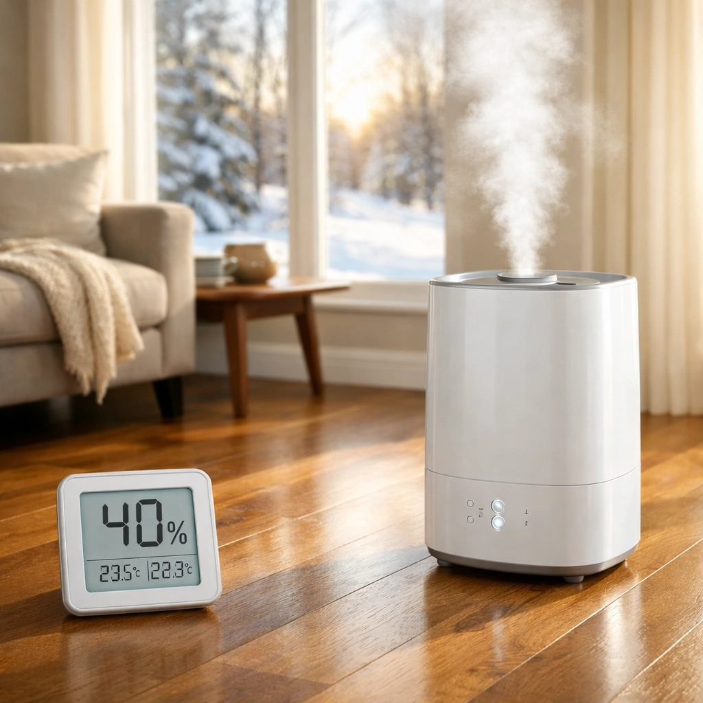 Home humidifier maintaining optimal humidity levels for hardwood floor protection during winter