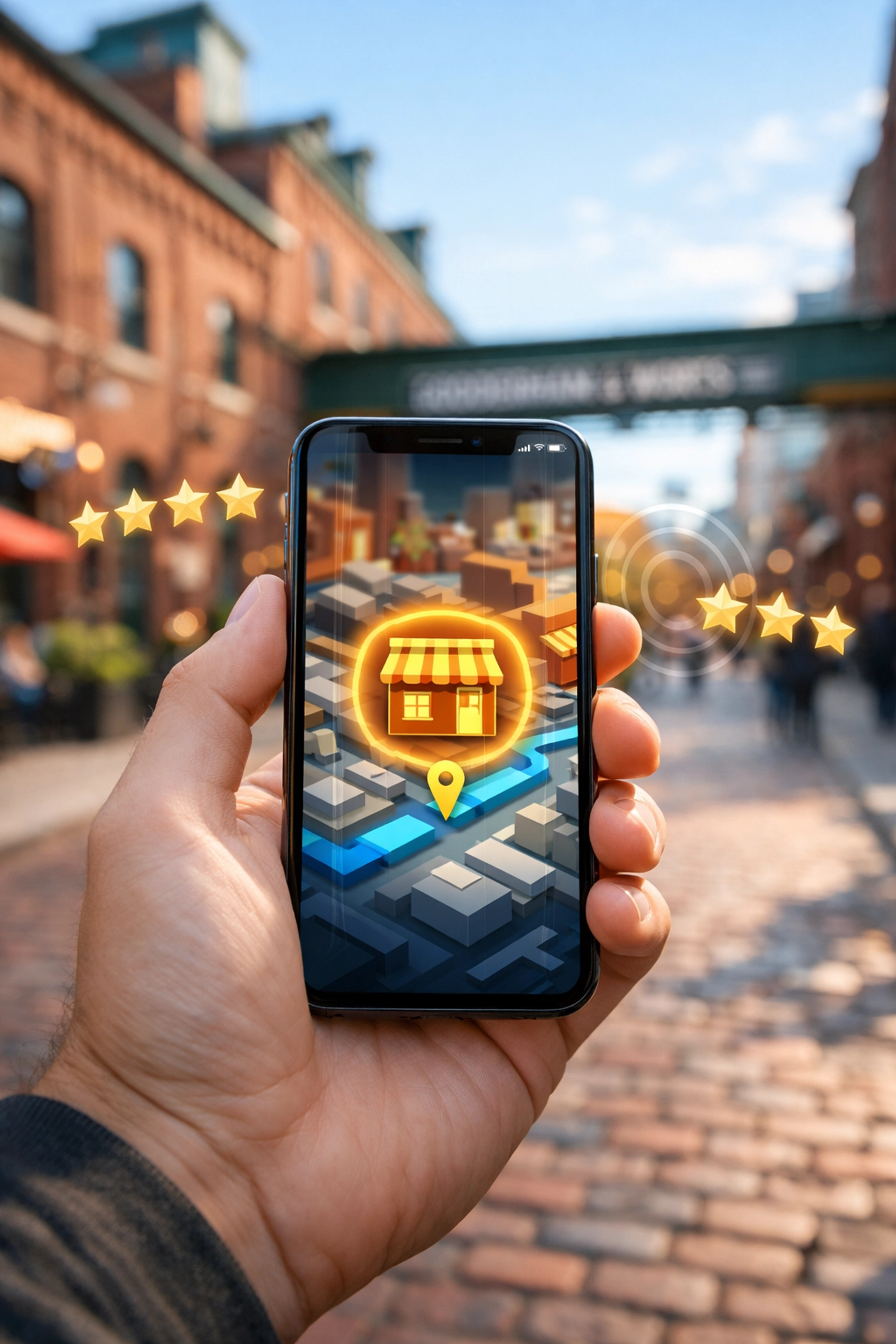 Mobile phone displaying a local business on a map with five-star reviews in a Toronto neighborhood.