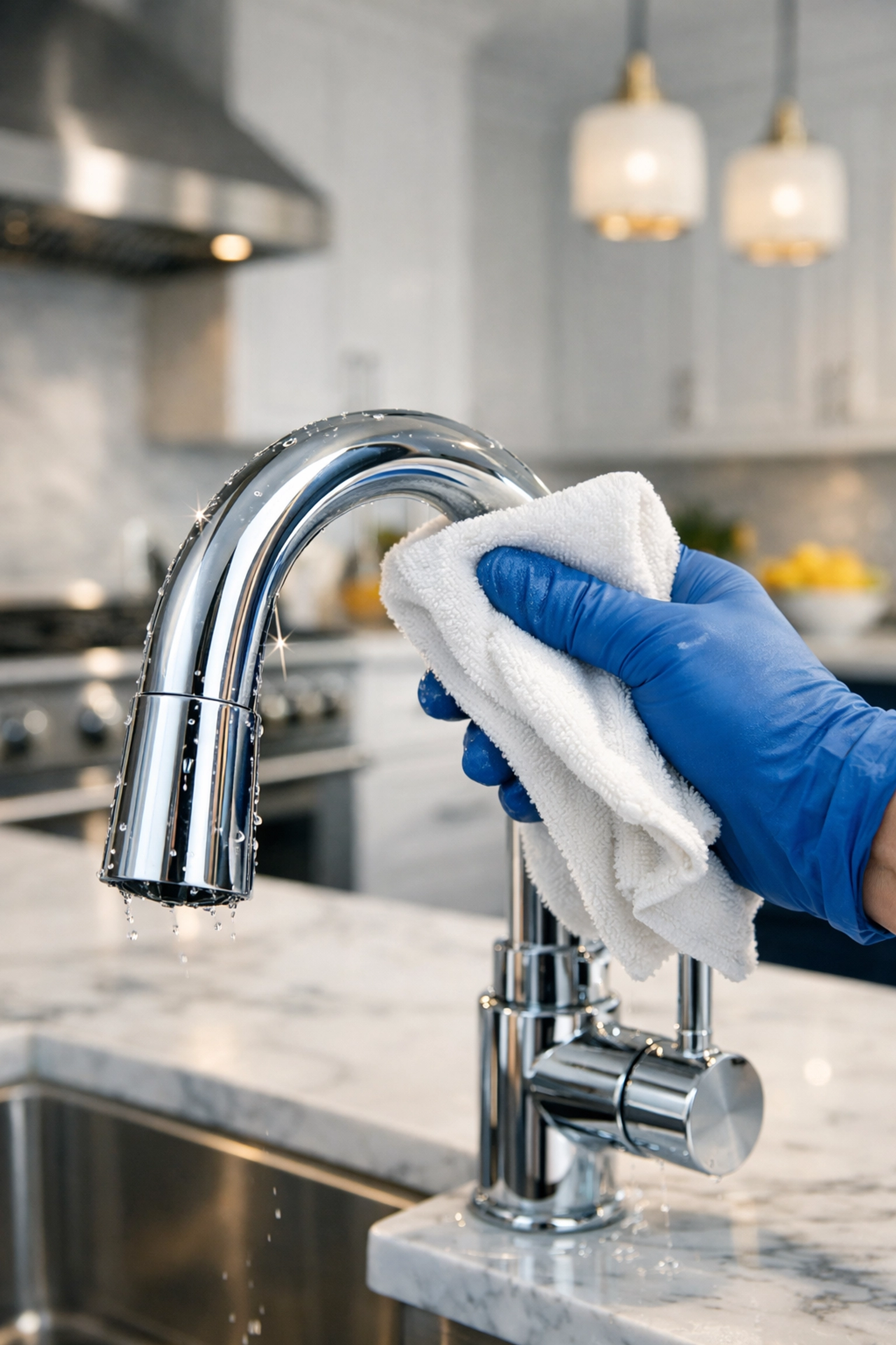 Professional cleaners in Westford polishing a luxury kitchen faucet using eco-friendly cleaning supplies.