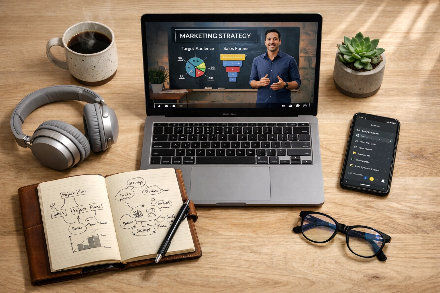 Organized home office desk with a laptop showing a professional online course for skill development.