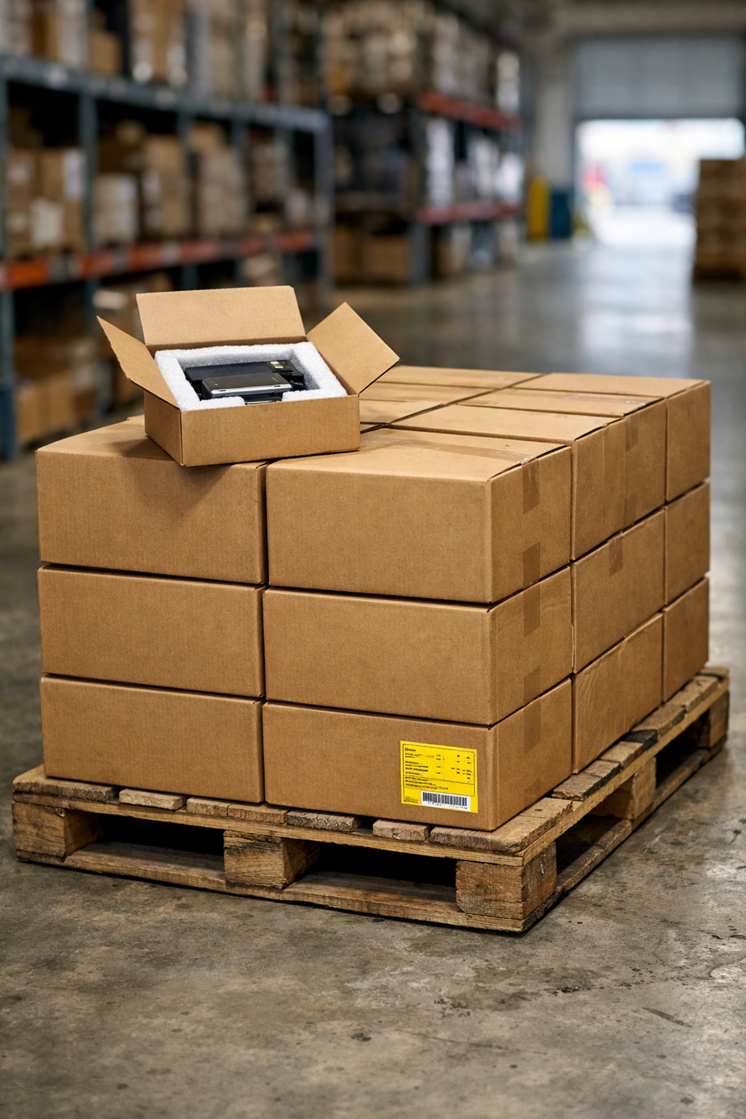 Vetted wholesale inventory pallet in a USA logistics center featuring boxed electronics for resellers.