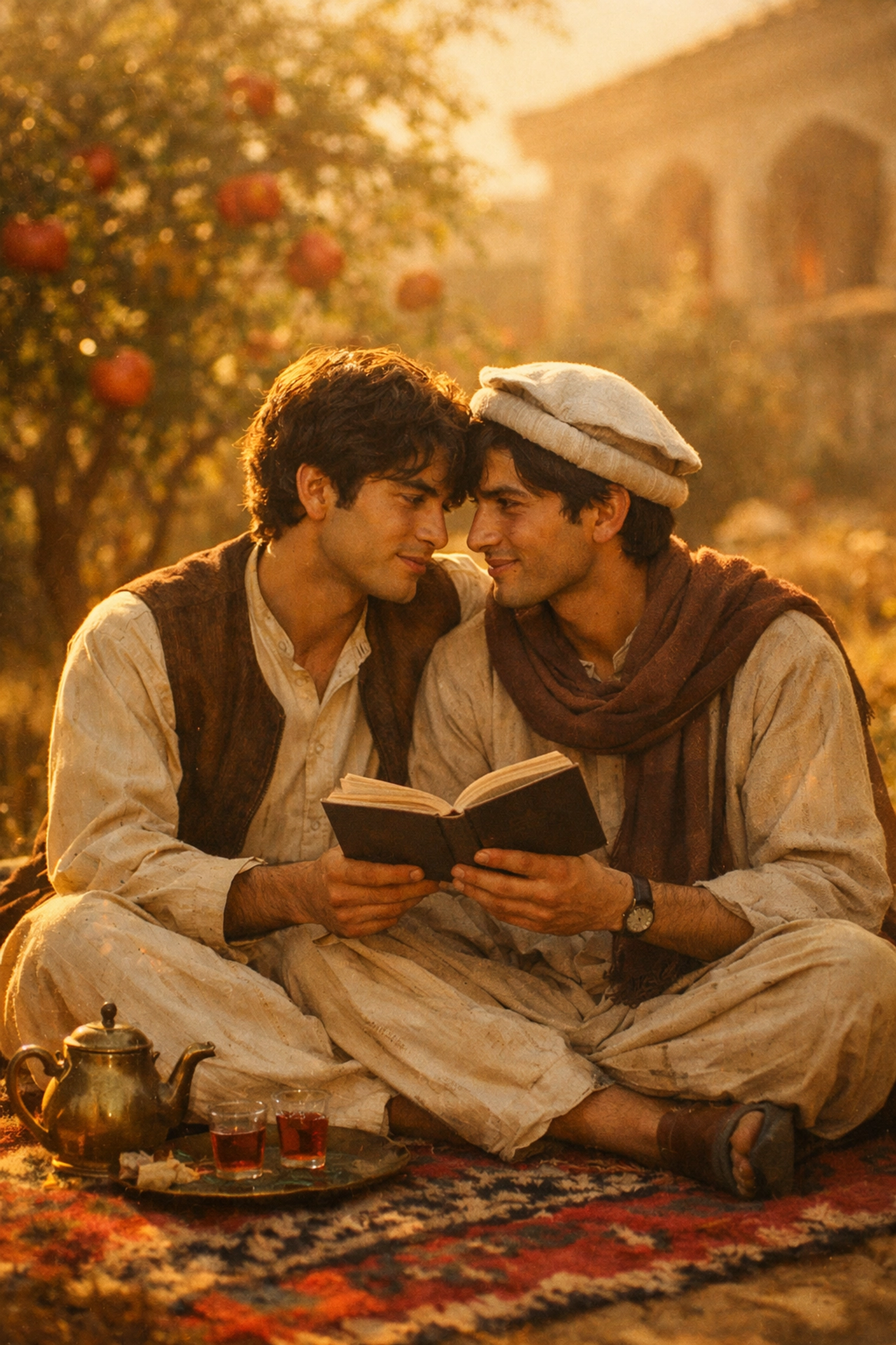 Two young Afghan men in a 1970s Kabul garden representing historical queer subtext and identity.