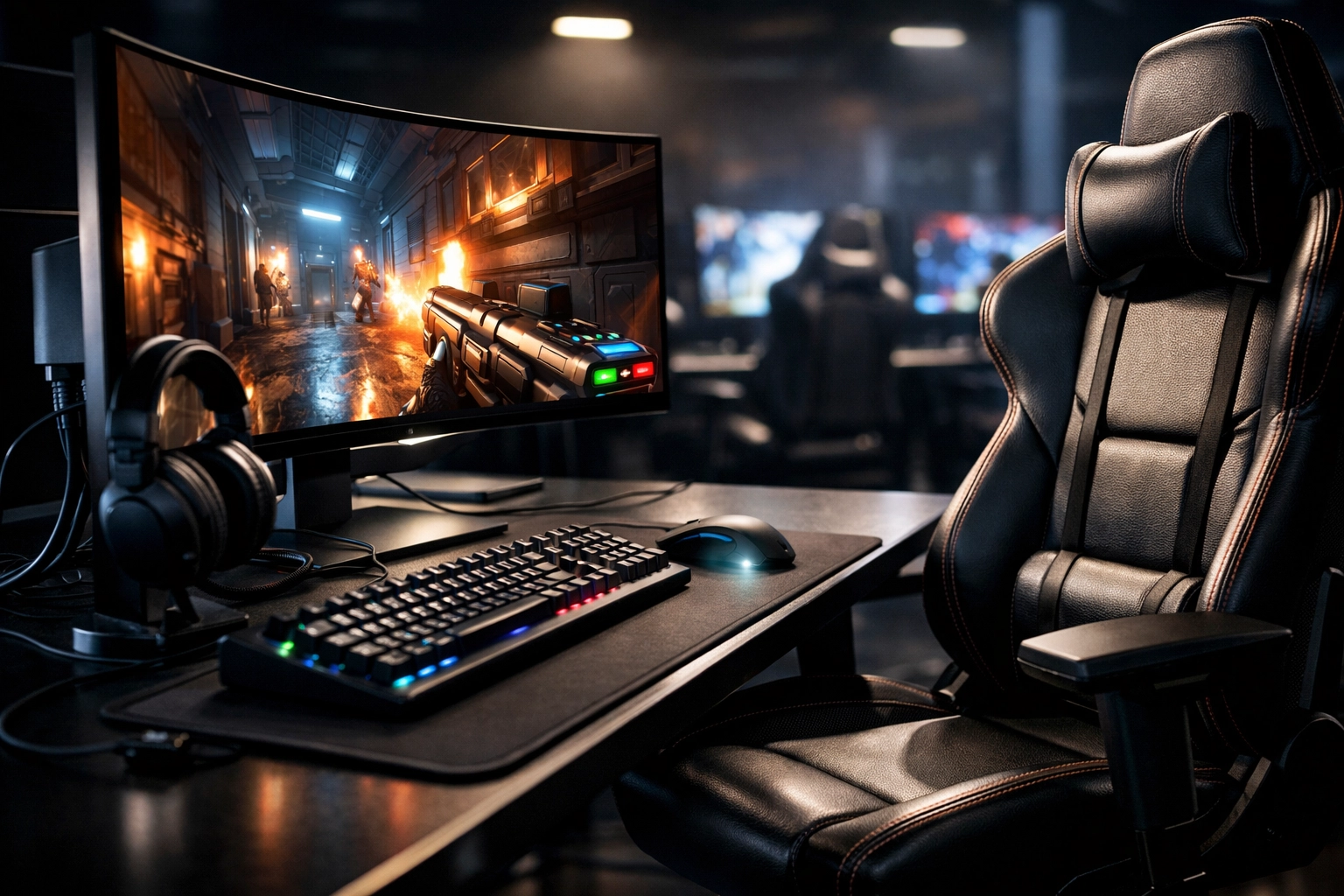 Premium esports gaming station with sponsored equipment in professional venue network setting