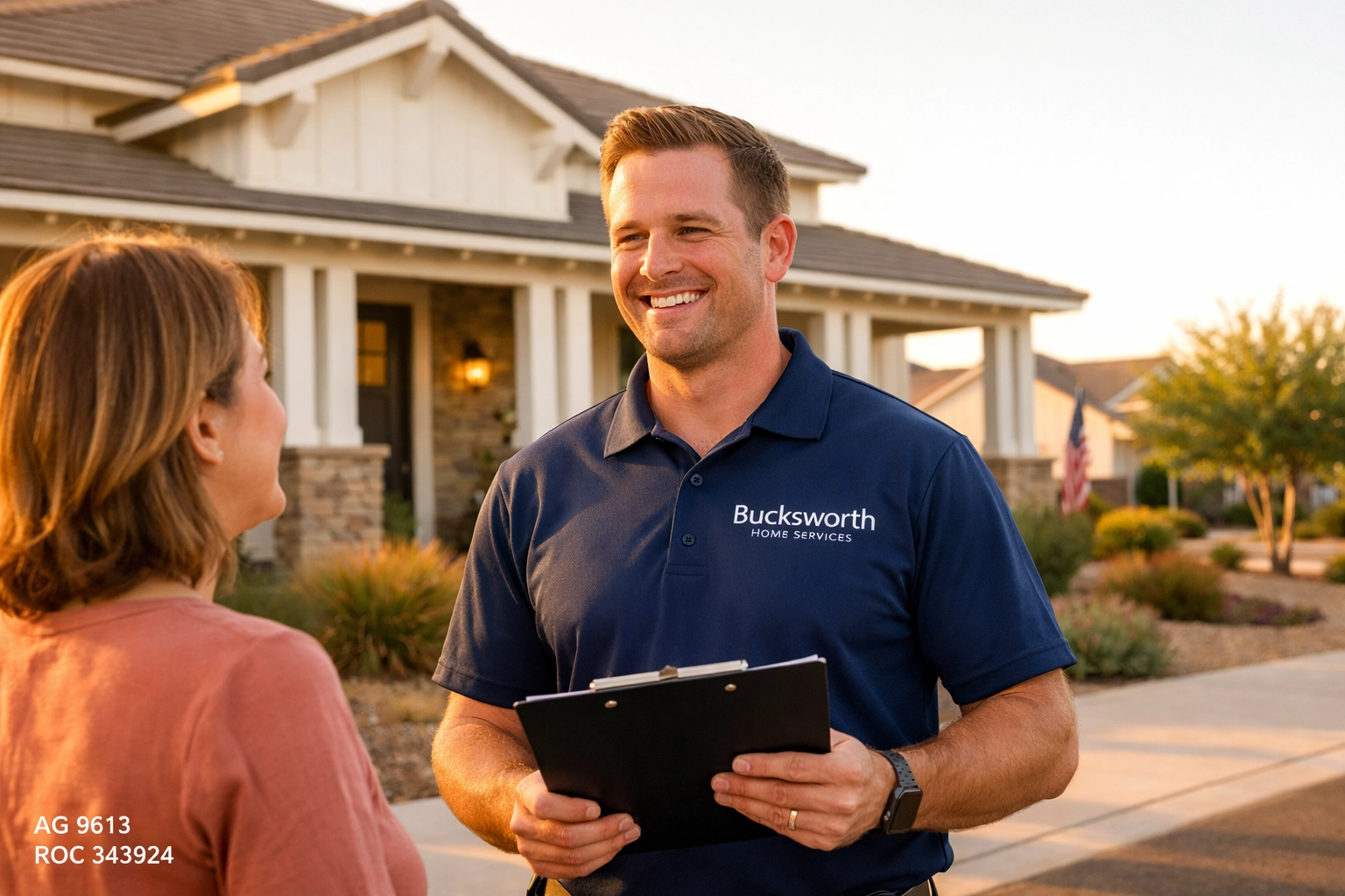 Friendly Bucksworth Home Services technician consulting with a local homeowner in Gilbert, AZ.
