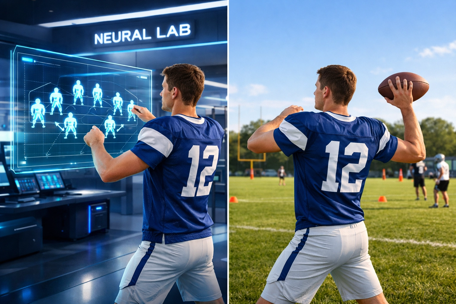 Quarterback training with QBDT software in a mental lab and applying decision-making skills on the field.