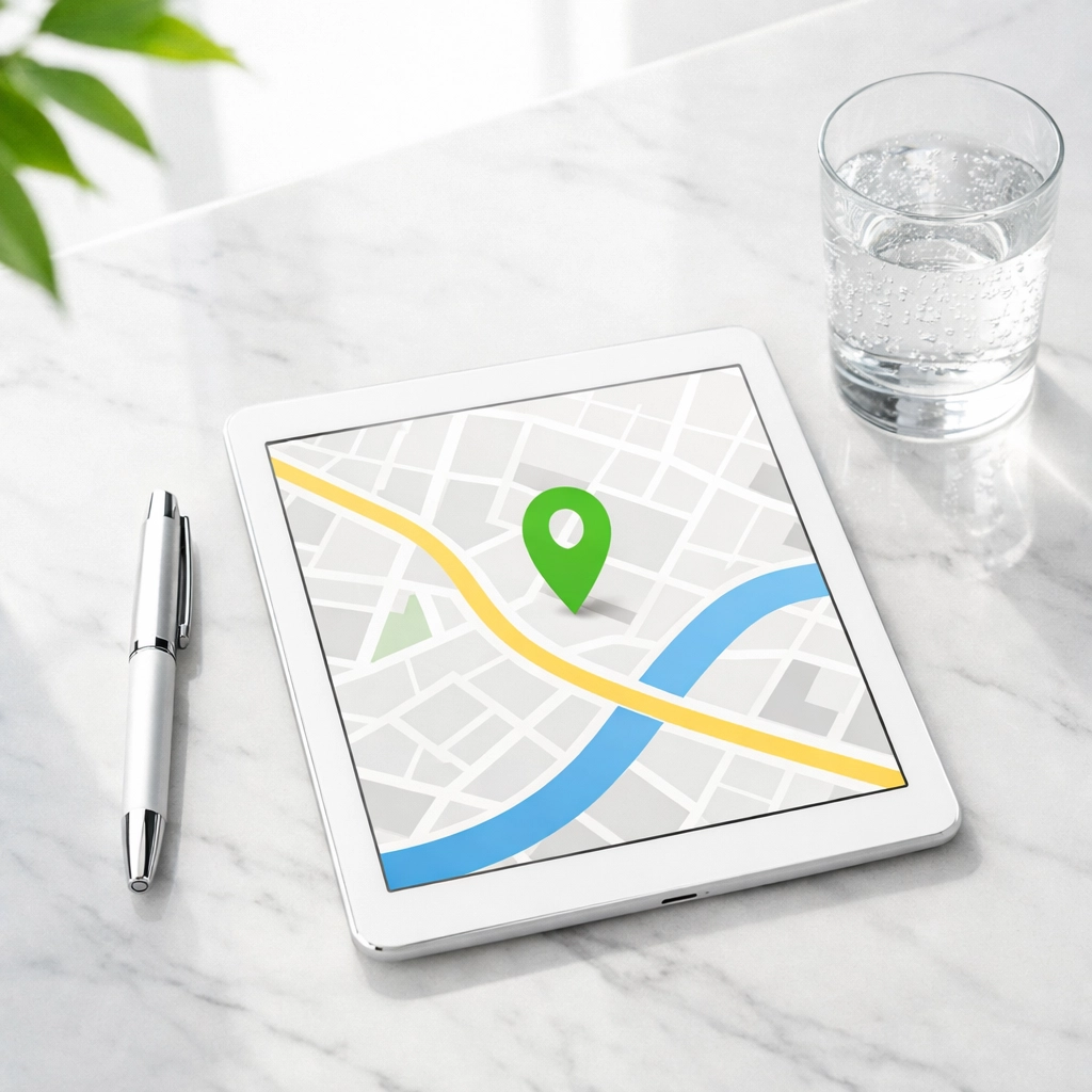 Interactive Google Map with location marker on a tablet for local business website design.