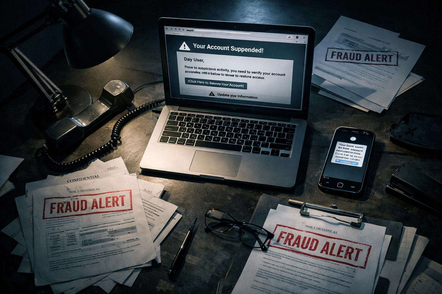 Desk workspace showing phishing email and fraudulent text messages with fraud alert documents