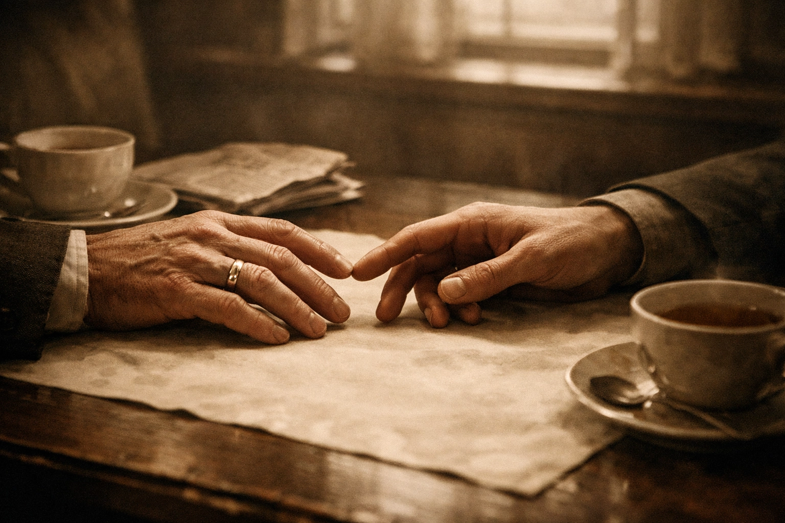 Two men's hands nearly touching in tearoom - secret gay relationship and love triangle in My Policeman