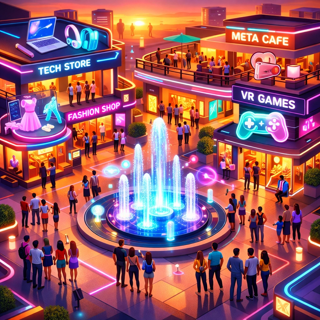 Social shopping experience in metaverse with avatars browsing virtual stores together