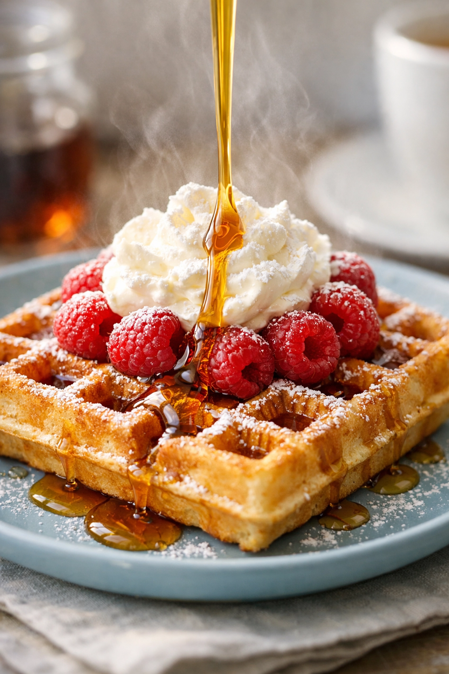 Freshly baked Belgian waffle with whipped cream and berries at a top dessert spot in Felixstowe.