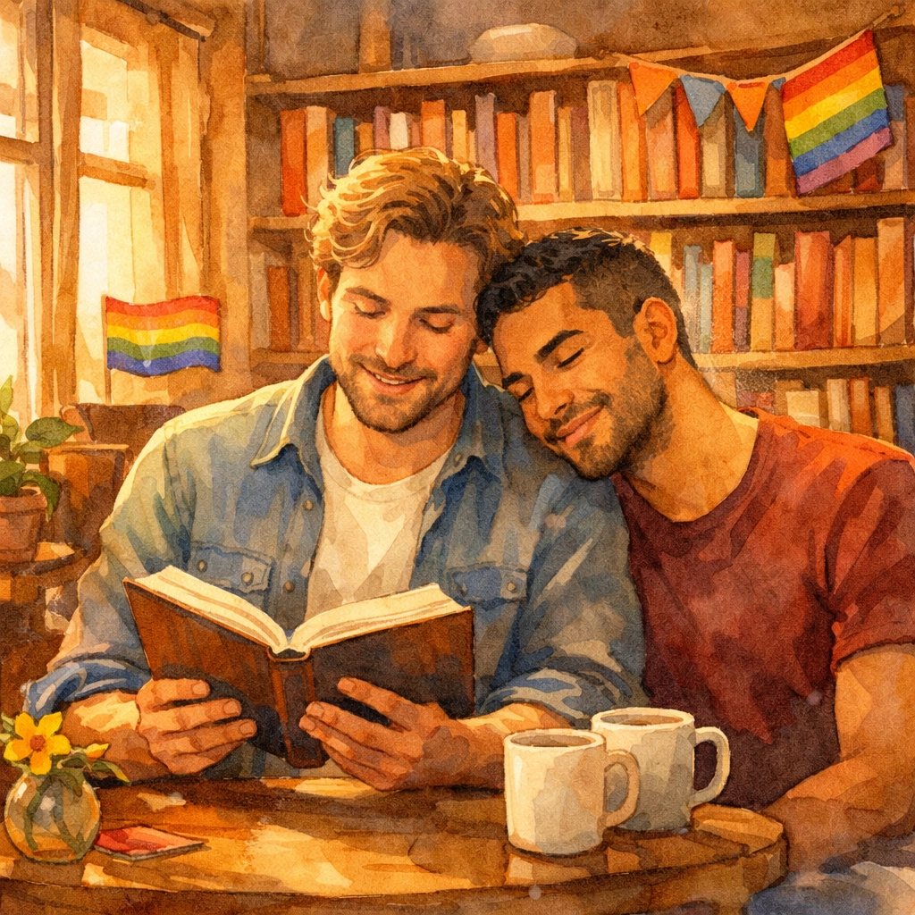 Two men reading together at an LGBTQ+ community bookstore with pride flags and diverse books