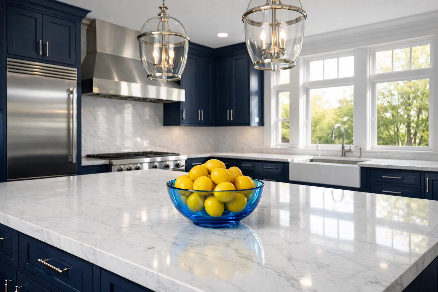 Professional Deep Cleaning Westford results in a decluttered kitchen with white marble and navy cabinets.