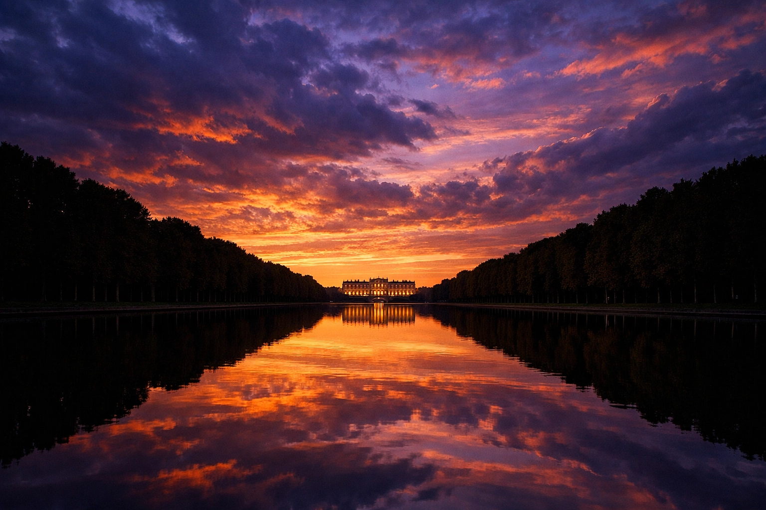 Sunset view of the Palace of Versailles reflected in the Grand Canal, a top photo spot for golden hour.