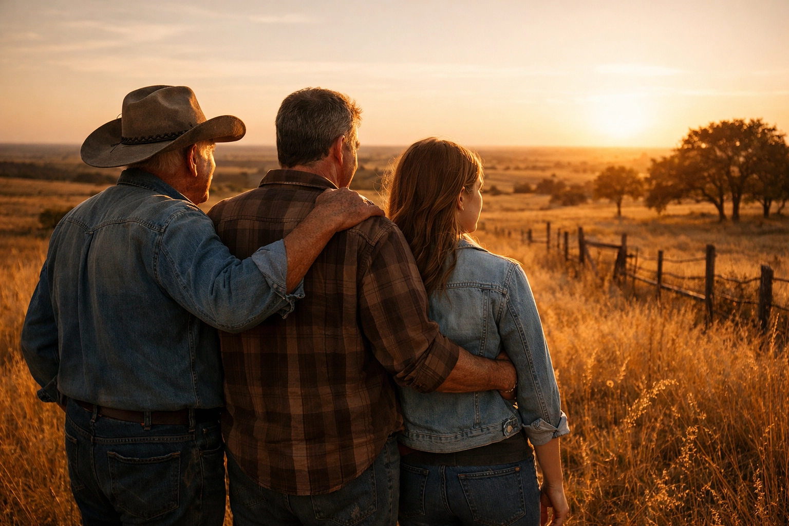 Three generations of family standing on Texas ranch land discussing legacy property decisions