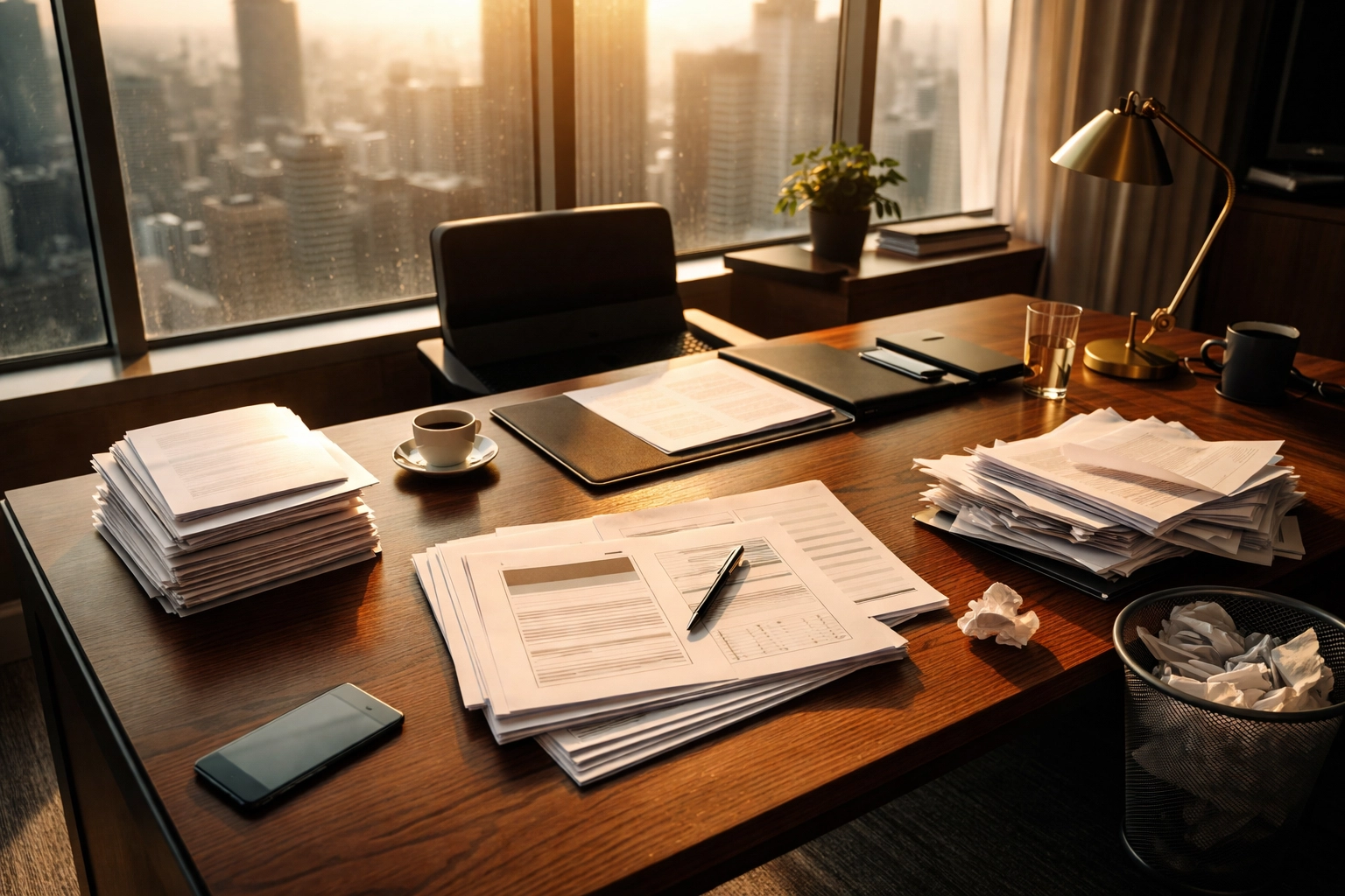 Executive's desk with organized piles and city view, symbolizing goal audit process