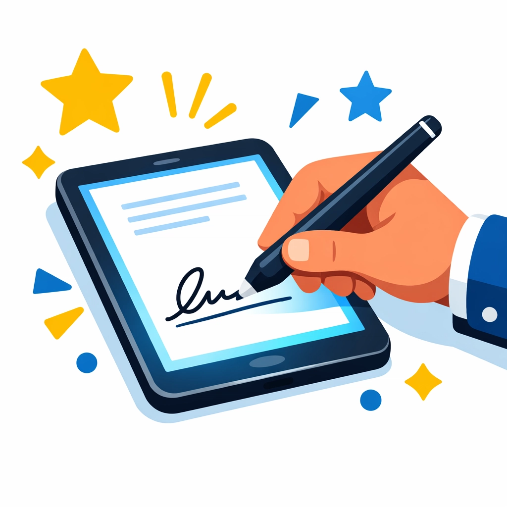 Hand signing a digital document on a tablet to successfully e-file a tax return in New Haven.