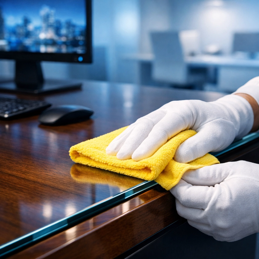 Professional technician performing office cleaning Worcester on a modern glass desk and computer monitor.