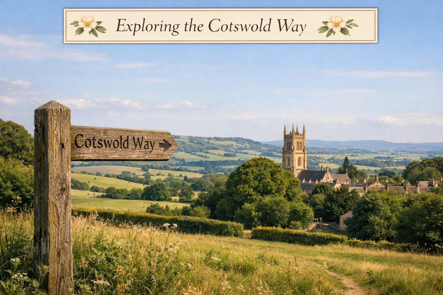 The Cotswold Way signpost overlooking rolling hills and the St. James' Church tower in Chipping Campden.