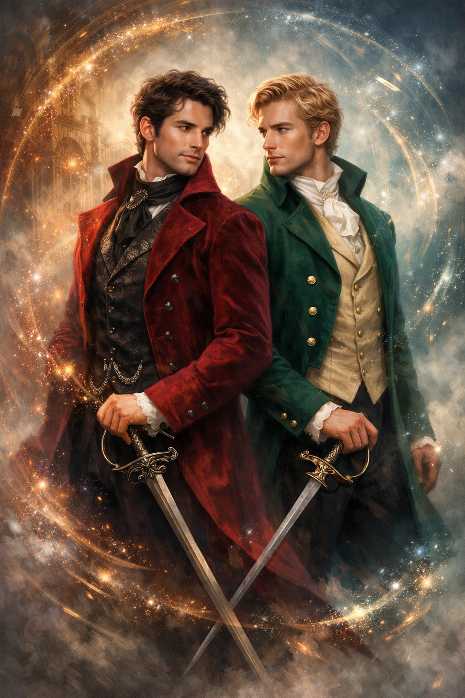 Two men in historical clothing standing back-to-back with swords in fantasy gay romance