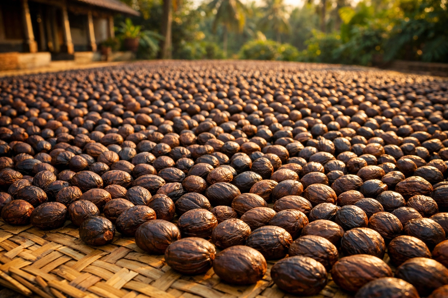 Whole nutmeg seeds drying on mats in Kerala, ready for those who want to buy whole spices online in India.