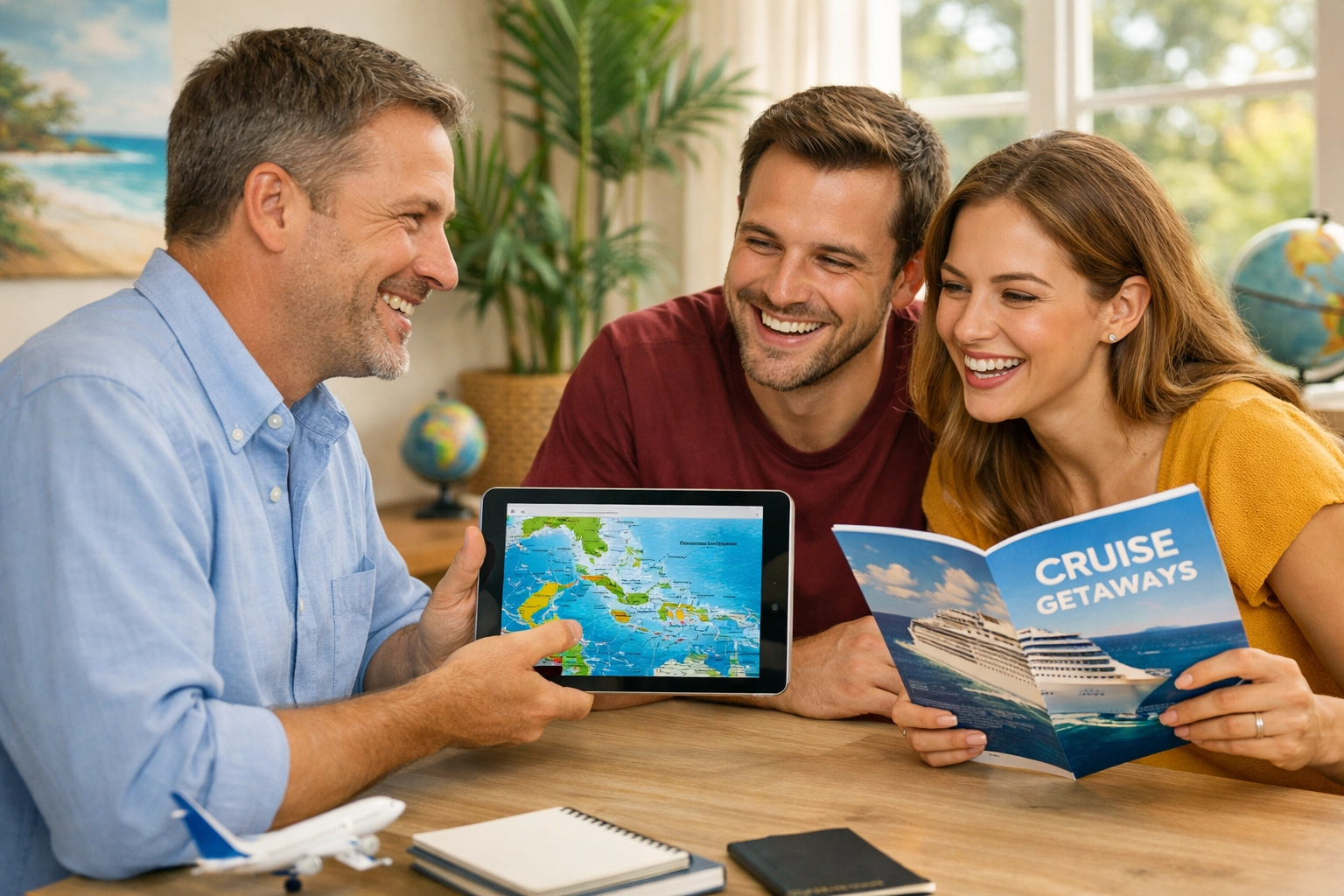 Expert travel agent at a Flushing MI travel agency helping a couple book a cruise using a Caribbean map.