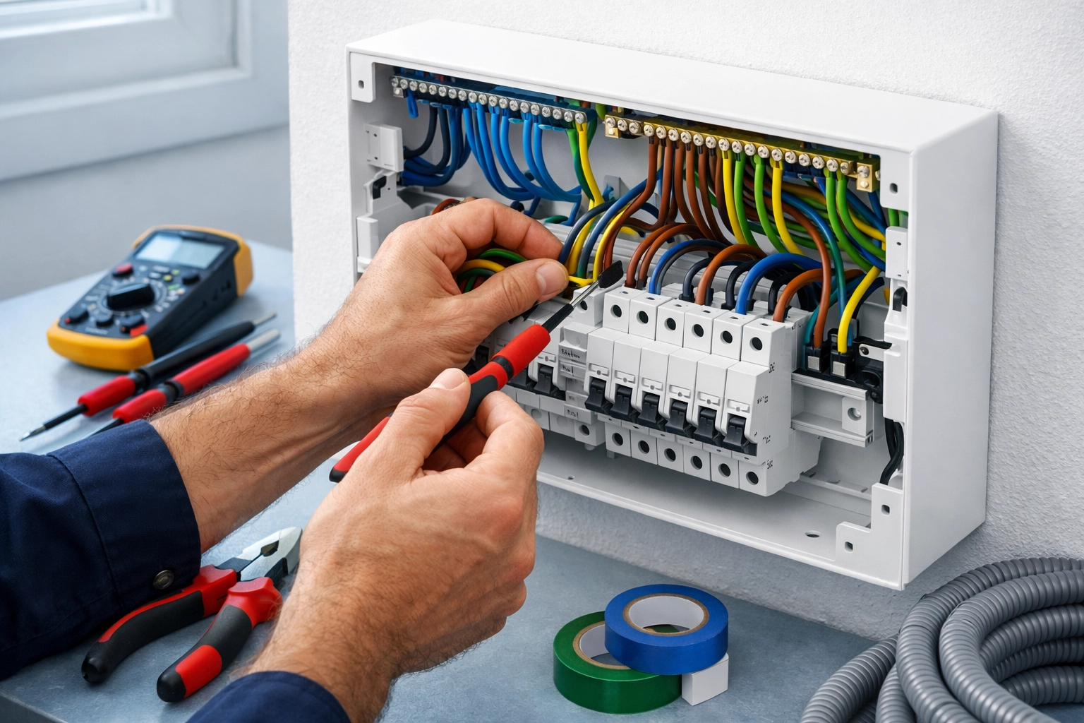 Professional electrician installing consumer unit with organized wiring in Dorset home
