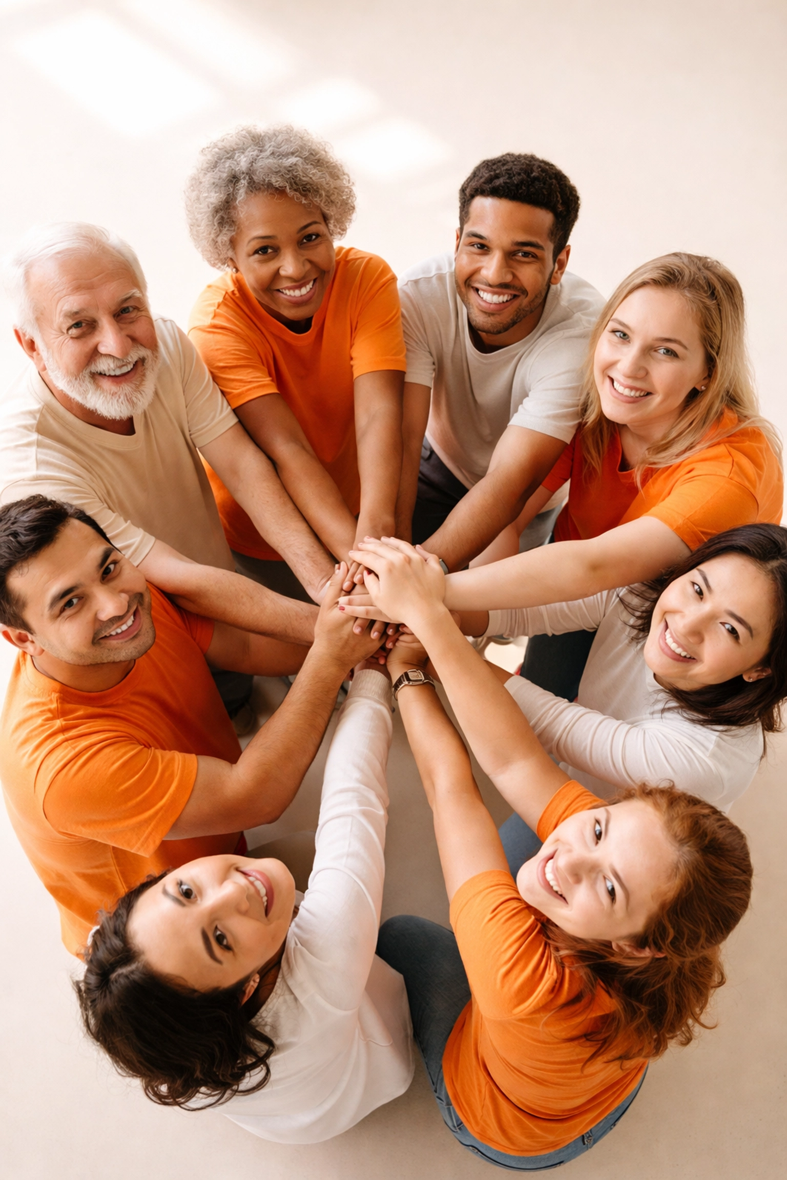 Diverse nonprofit volunteers join hands in a circle, symbolizing teamwork and volunteer safety.