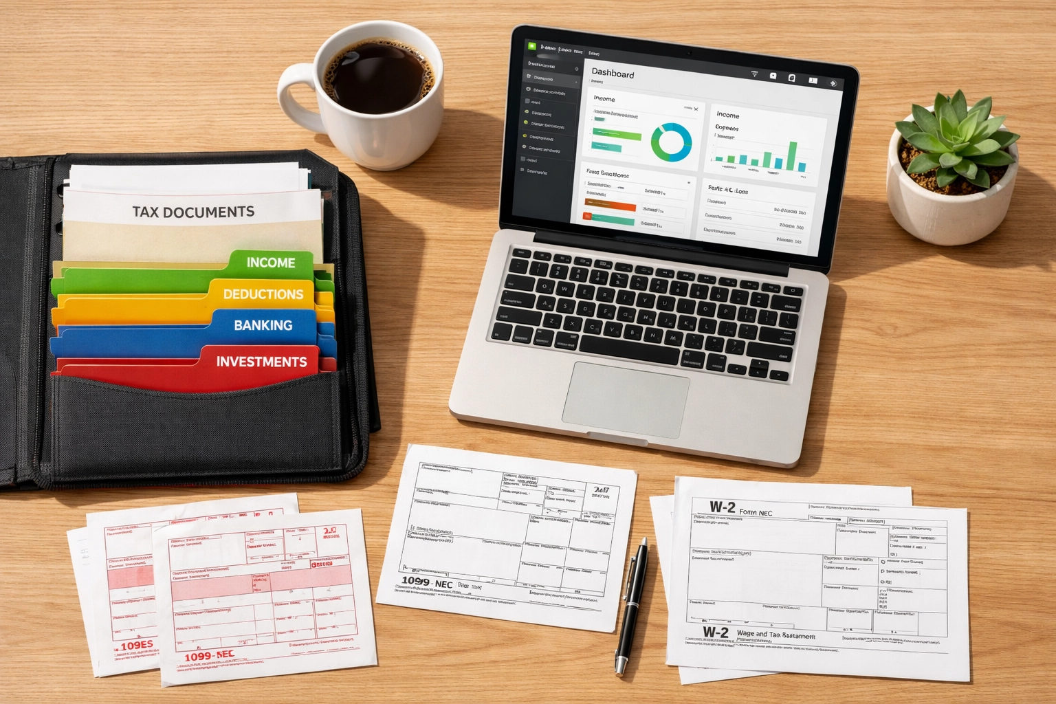 Organized tax documents and QuickBooks Online on desk for efficient bookkeeping