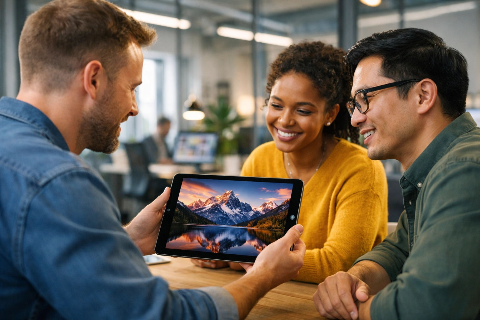 A creative team at Dakdan Worldwide reviews innovative media assets on a digital tablet in a modern studio.