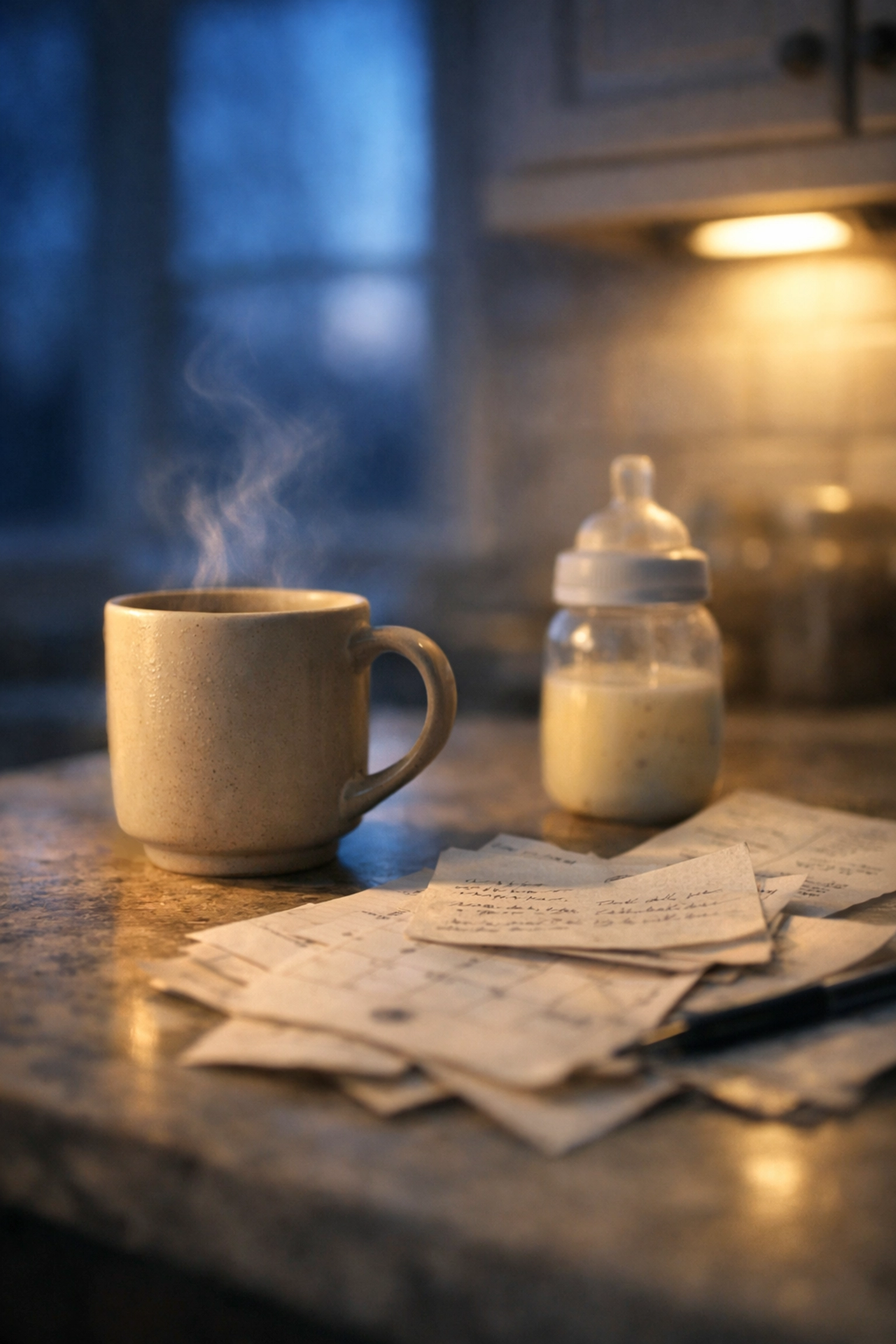 Morning kitchen counter with baby items and a calendar, highlighting postpartum recovery support needs.
