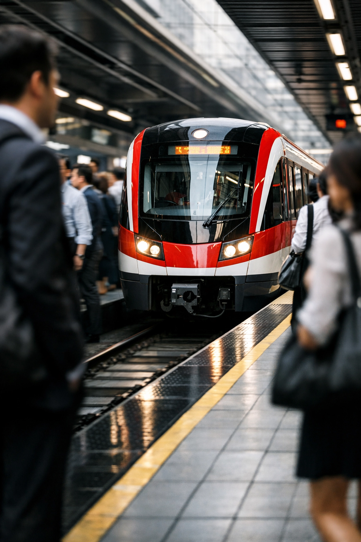 Crowded Ottawa LRT platform during rush hour with commuters waiting for train