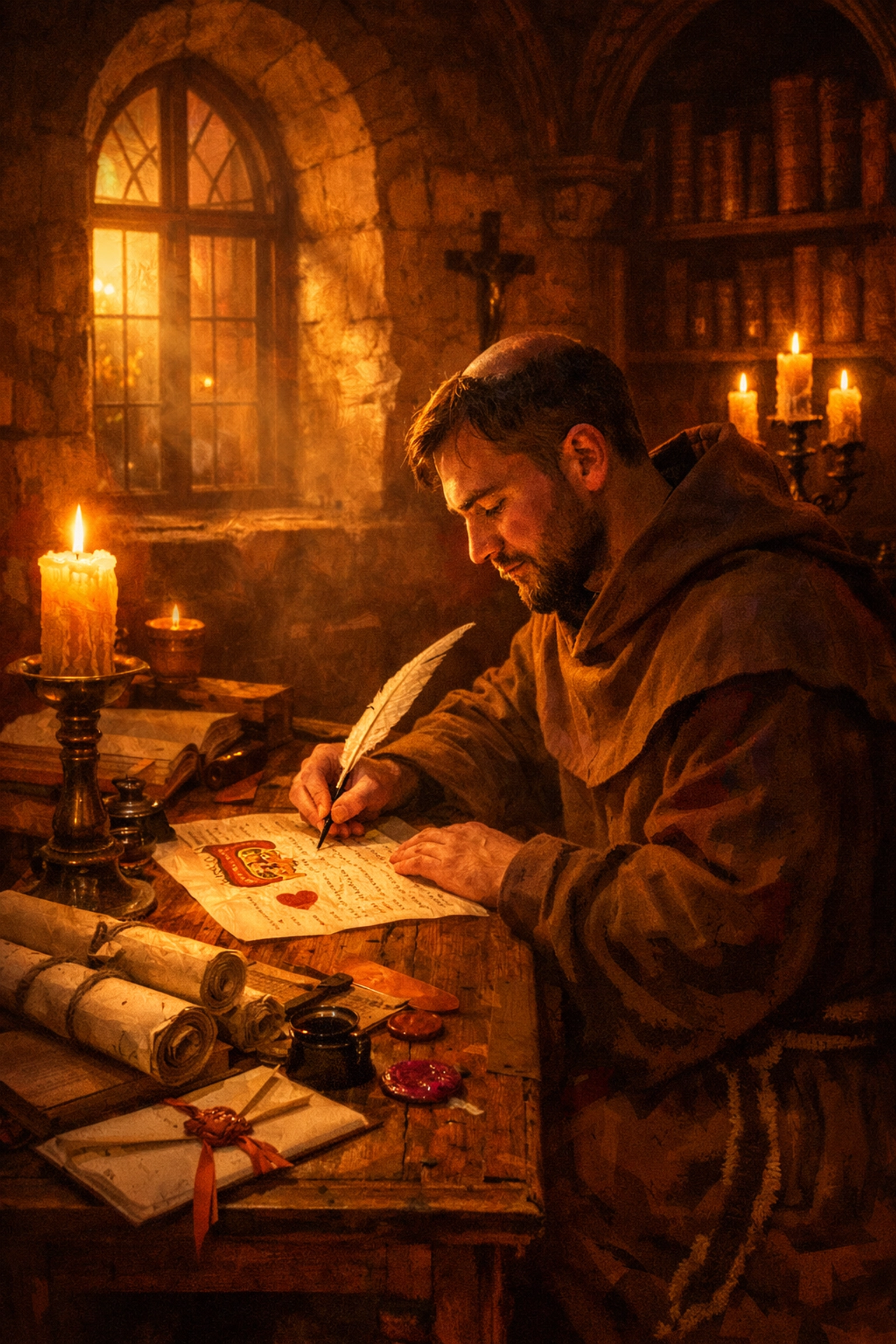 Medieval monk writing intimate letter by candlelight in monastery scriptorium