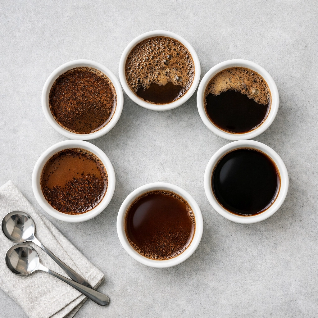 Professional coffee cupping session with bowls and spoons at the Woodpeckers Coffee roasting house.