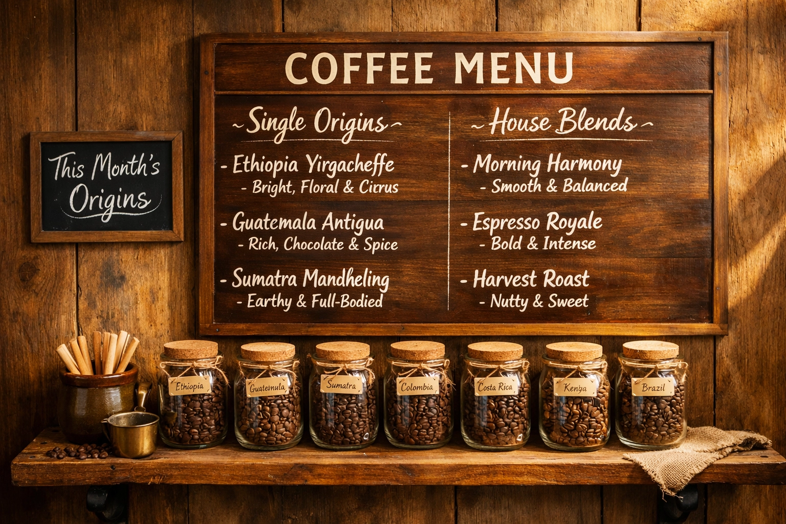 Coffee shop menu display featuring single origin beans and blends in jars with origin descriptions