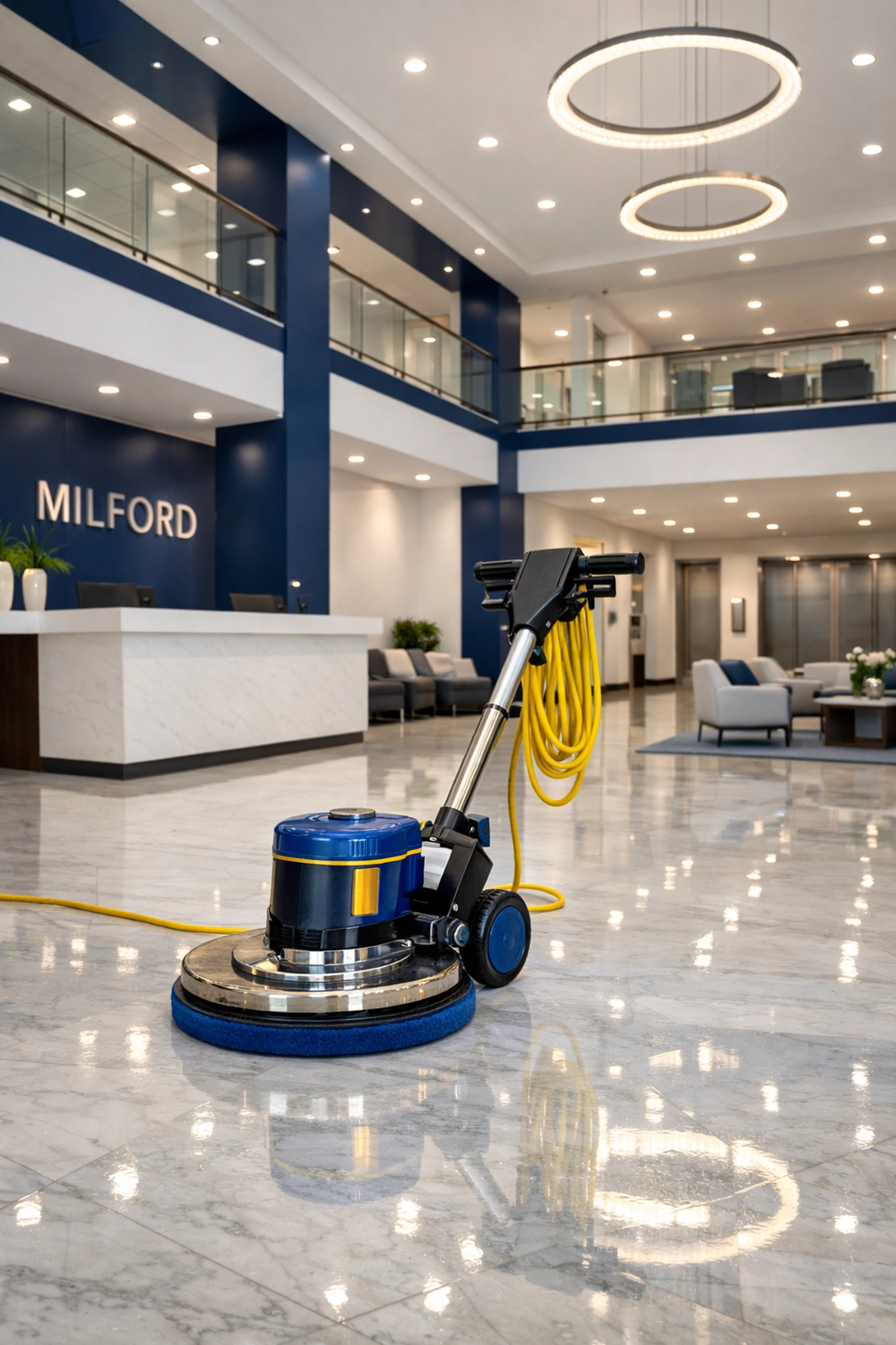 Deep cleaning in Milford lobby after construction featuring polished floors and professional equipment.