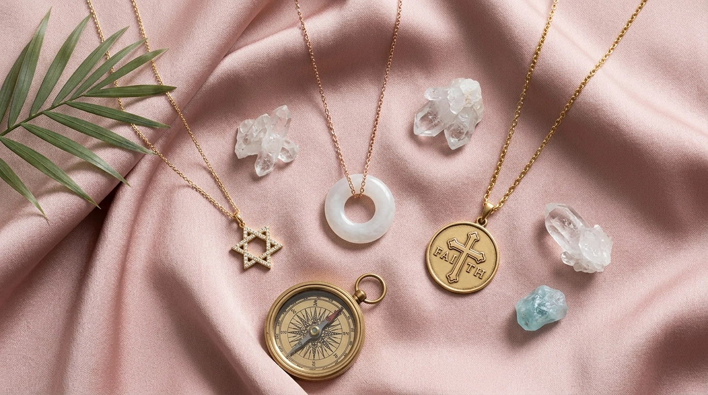 Meaningful jewelry flat lay featuring Jade, Faith Coins, and the Star of David