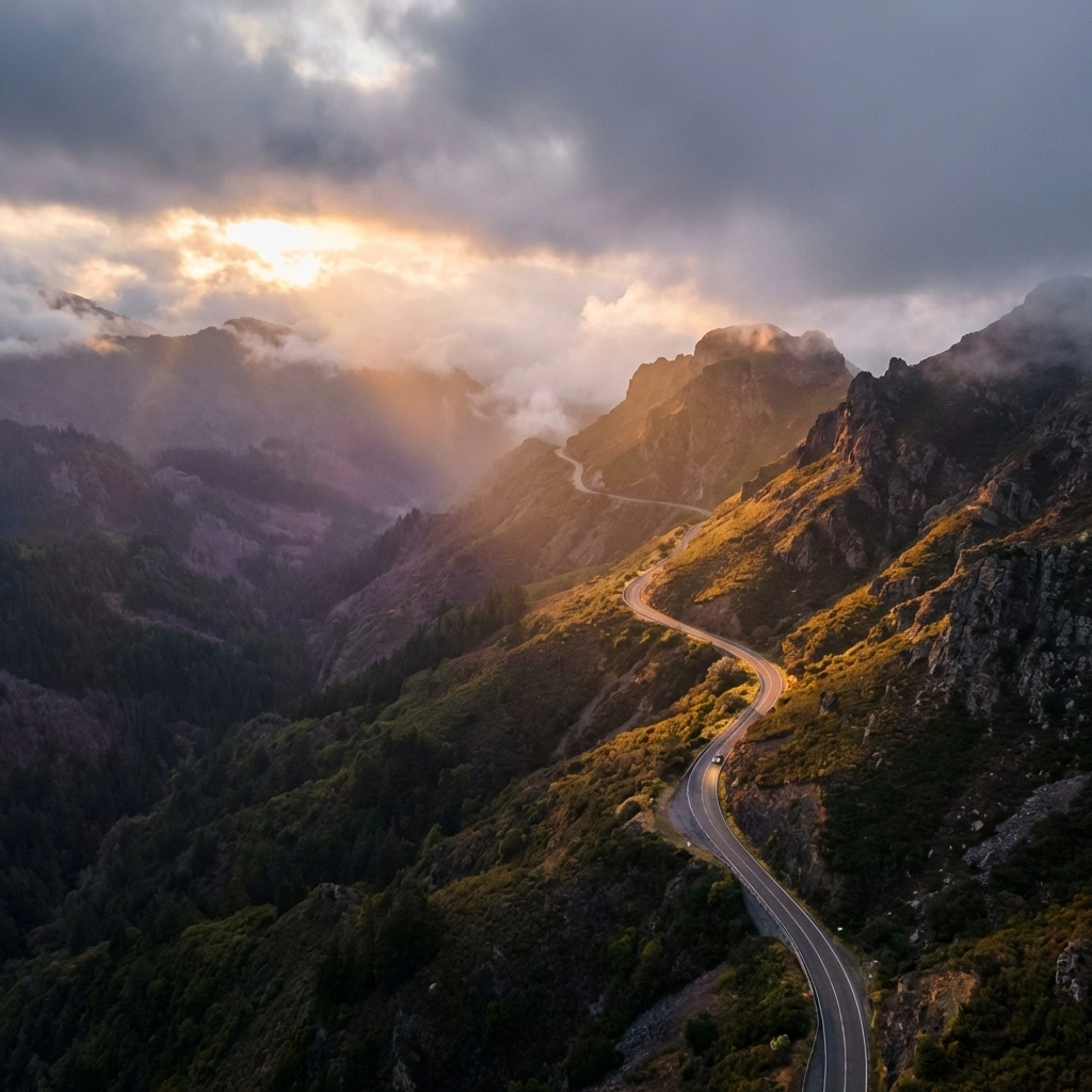 A winding mountain road at sunset representing the challenges and opportunities of staying invested during uncertain private equity market cycles