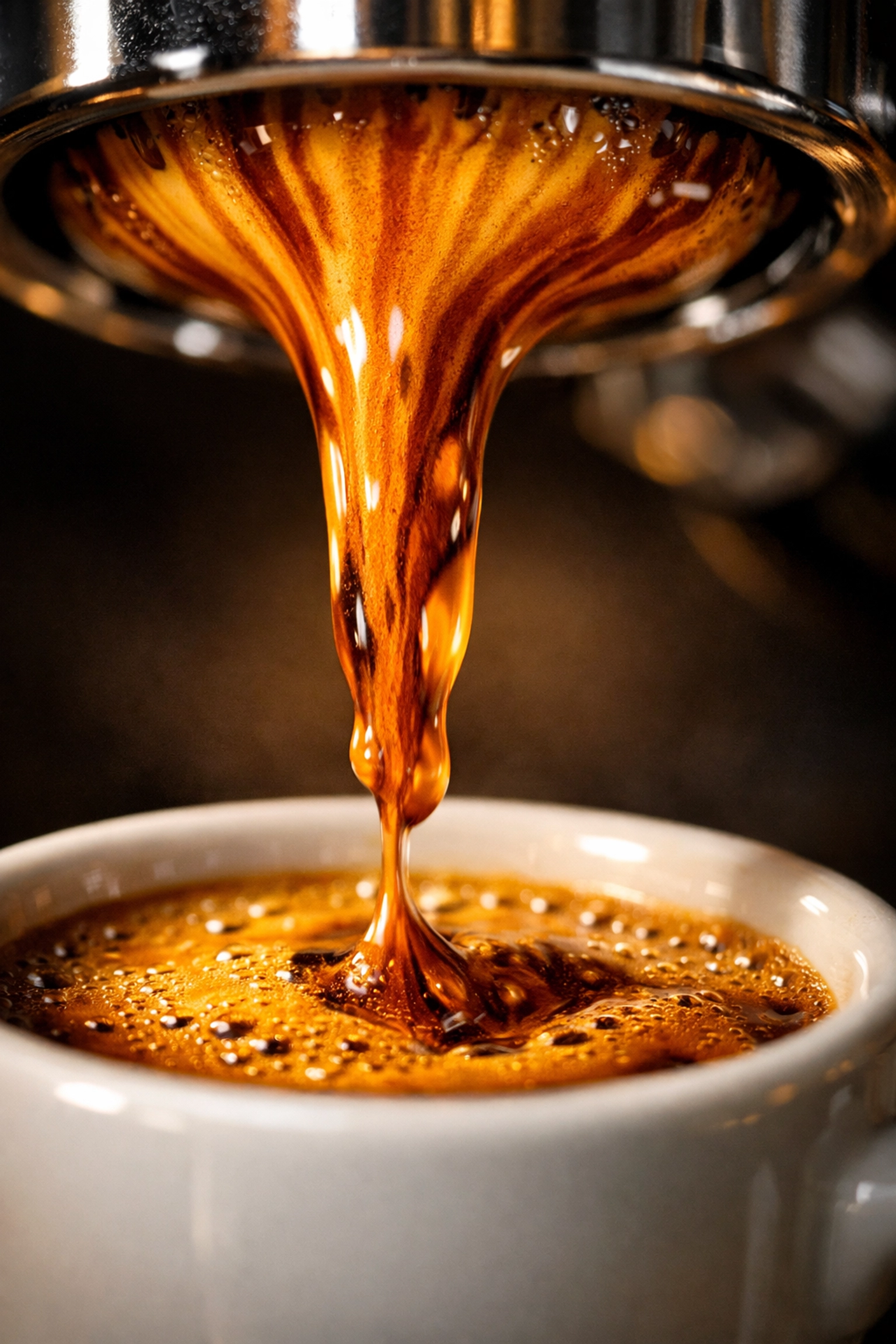 Macro view of a perfect espresso extraction with rich crema from premium wholesale specialty coffee.