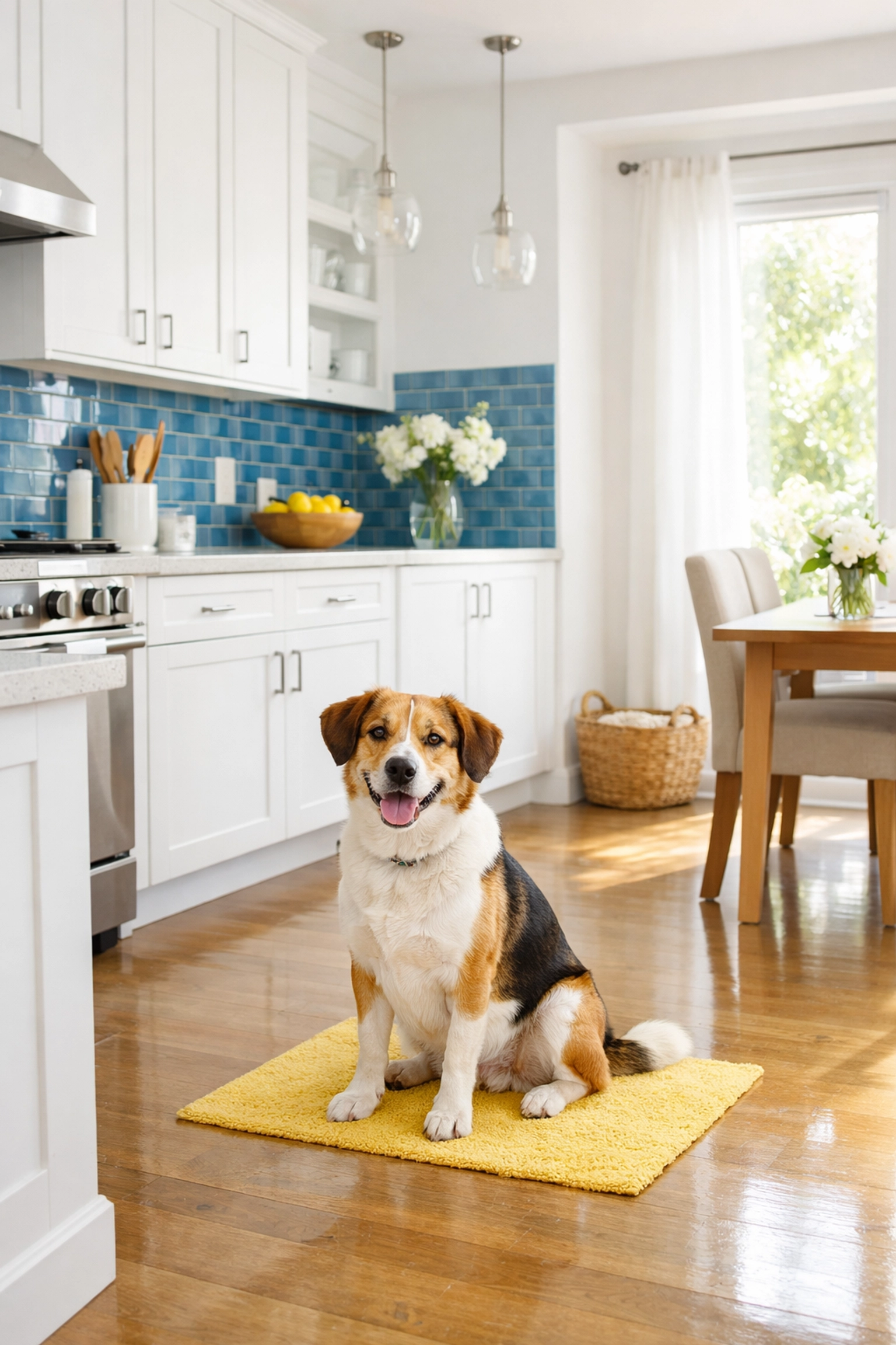 Pet-friendly house cleaning Shirley MA results in a spotless kitchen with a happy dog on a clean rug.